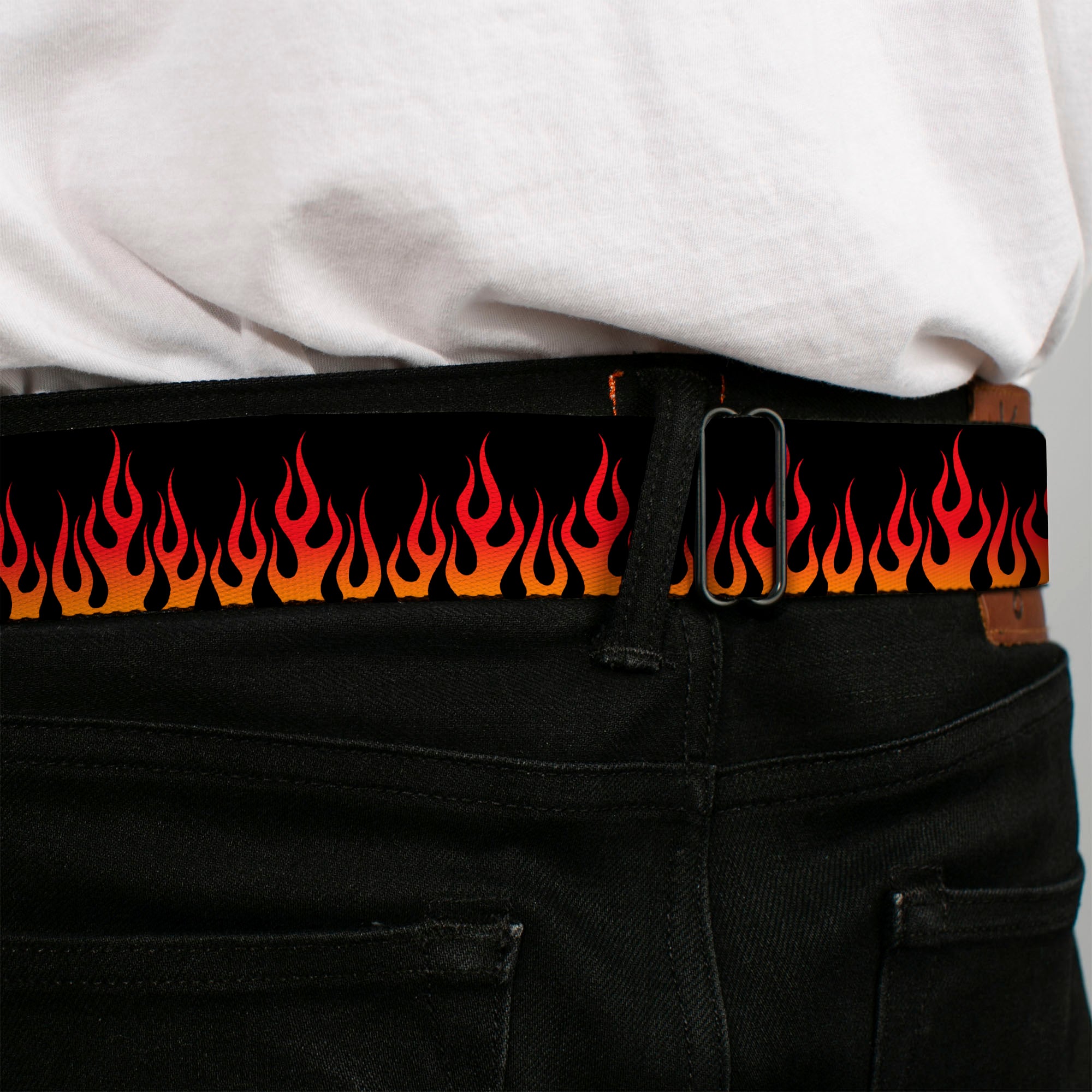 BD Wings Logo CLOSE-UP Full Color Black Silver Seatbelt Belt - Flames Black/Orange/Red Webbing Seatbelt Belts Buckle-Down