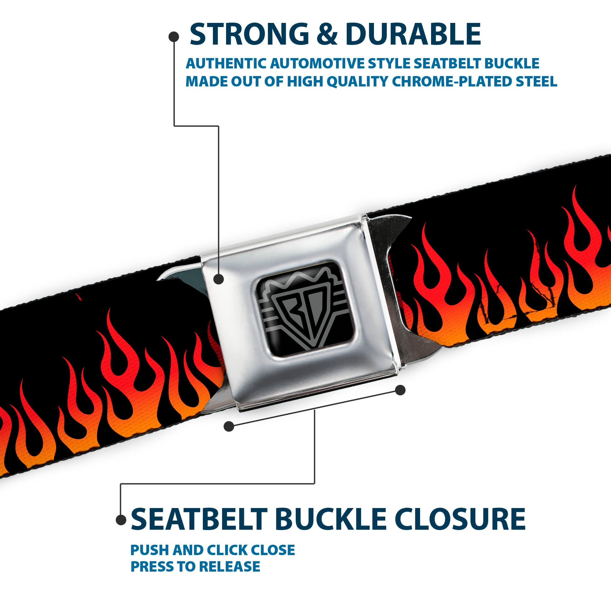 BD Wings Logo CLOSE-UP Full Color Black Silver Seatbelt Belt - Flames Black/Orange/Red Webbing Seatbelt Belts Buckle-Down