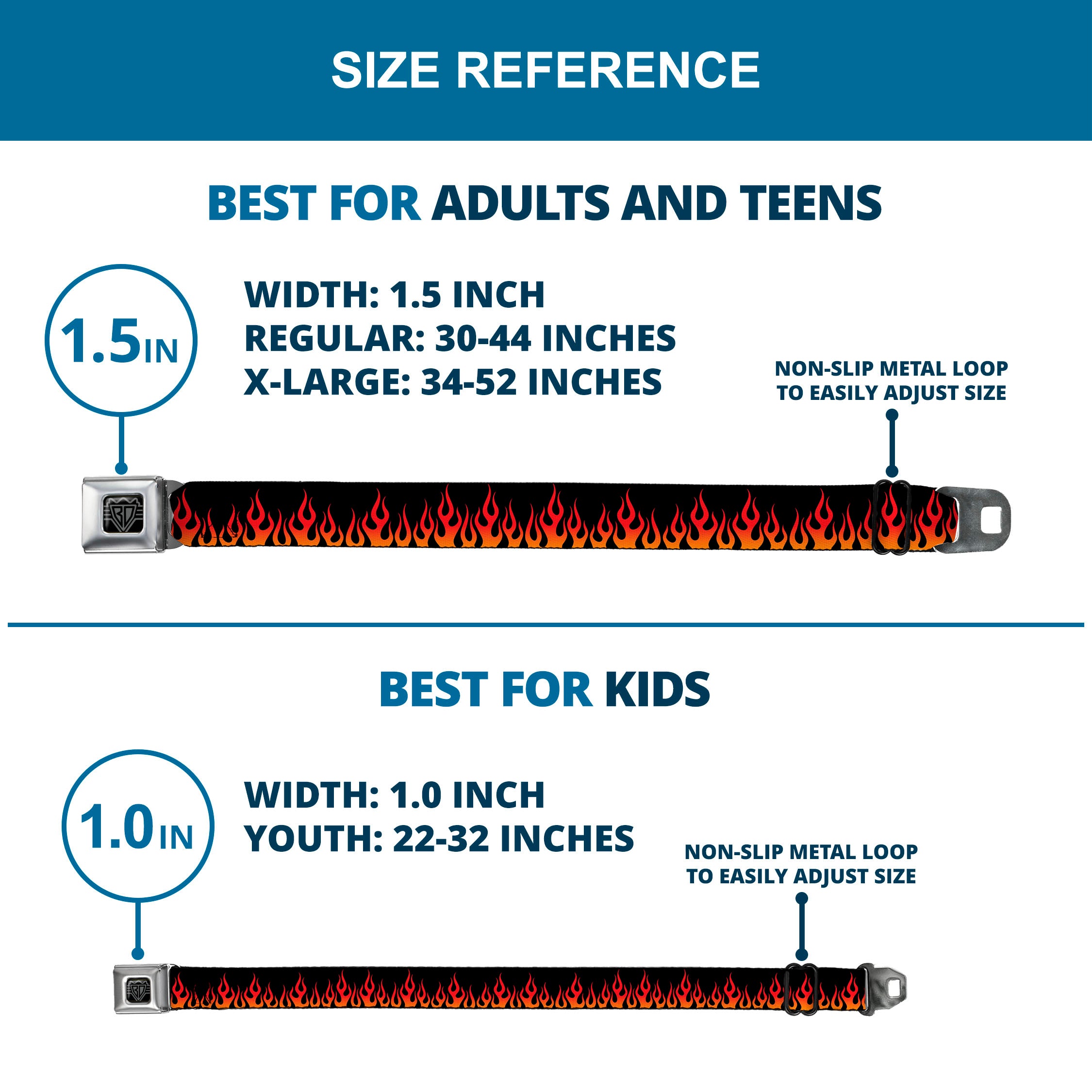 BD Wings Logo CLOSE-UP Full Color Black Silver Seatbelt Belt - Flames Black/Orange/Red Webbing Seatbelt Belts Buckle-Down