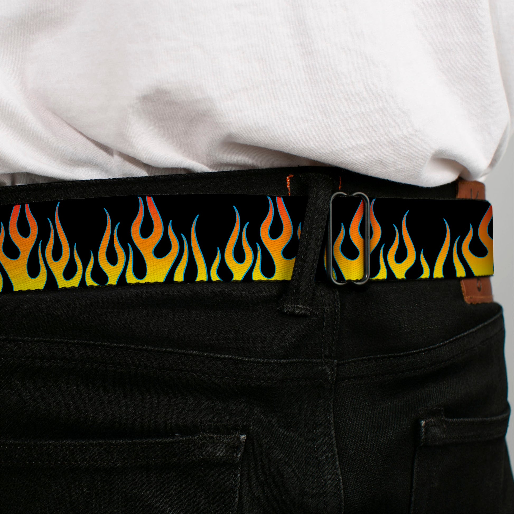 BD Wings Logo CLOSE-UP Full Color Black Silver Seatbelt Belt - Flames Black/Yellow/Orange Webbing Seatbelt Belts Buckle-Down