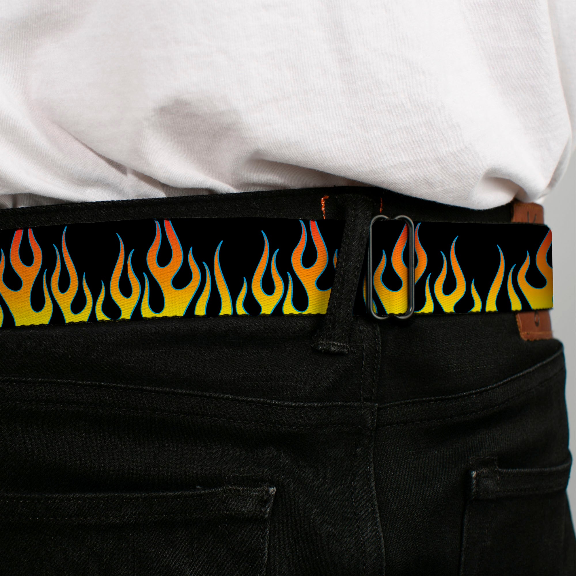BD Wings Logo CLOSE-UP Full Color Black Silver Seatbelt Belt - Flames Black/Yellow/Orange Webbing Seatbelt Belts Buckle-Down
