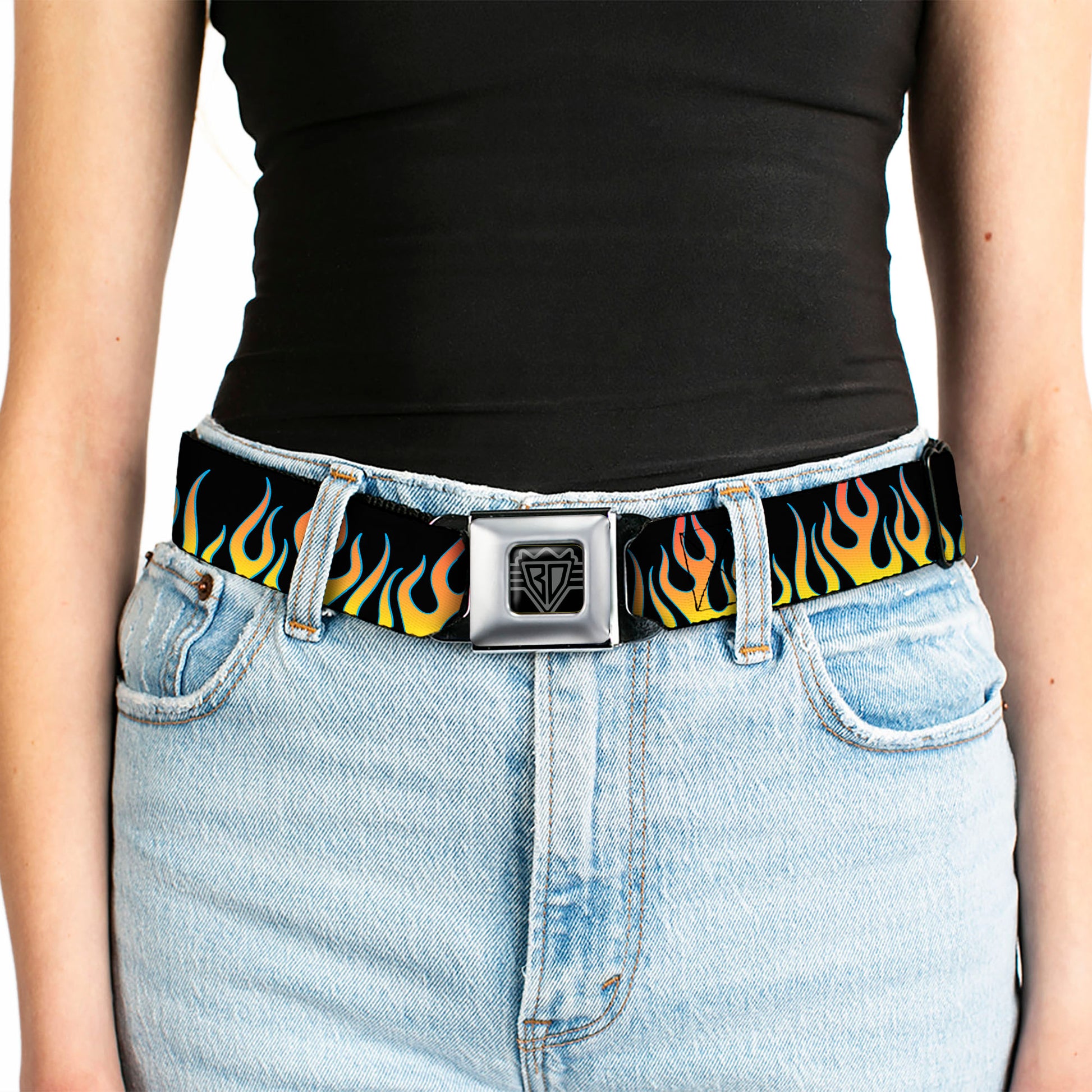 BD Wings Logo CLOSE-UP Full Color Black Silver Seatbelt Belt - Flames Black/Yellow/Orange Webbing Seatbelt Belts Buckle-Down