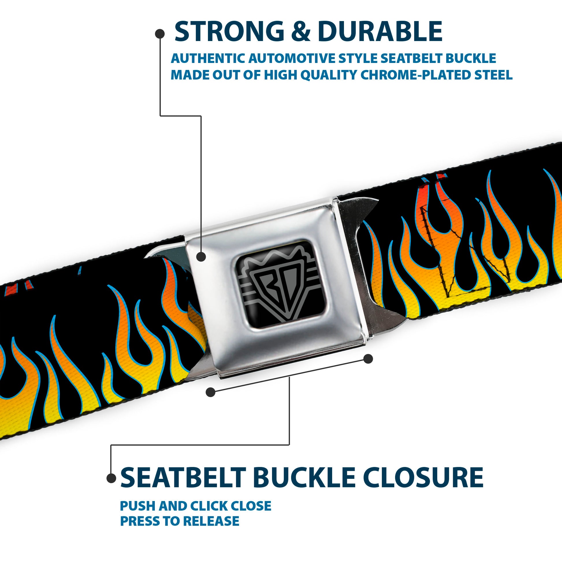 BD Wings Logo CLOSE-UP Full Color Black Silver Seatbelt Belt - Flames Black/Yellow/Orange Webbing Seatbelt Belts Buckle-Down