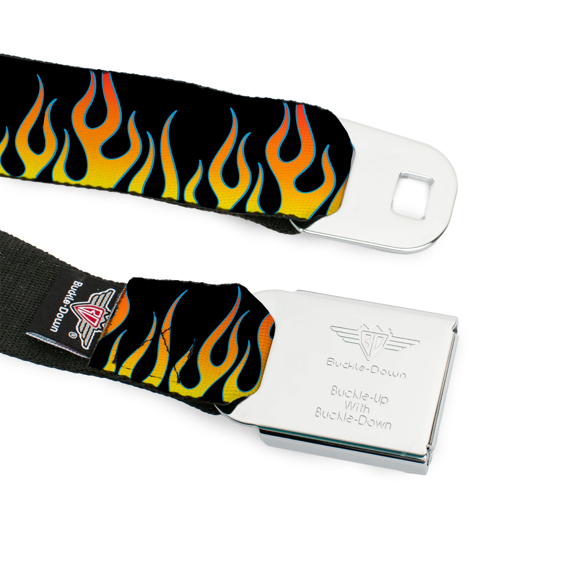 BD Wings Logo CLOSE-UP Full Color Black Silver Seatbelt Belt - Flames Black/Yellow/Orange Webbing Seatbelt Belts Buckle-Down