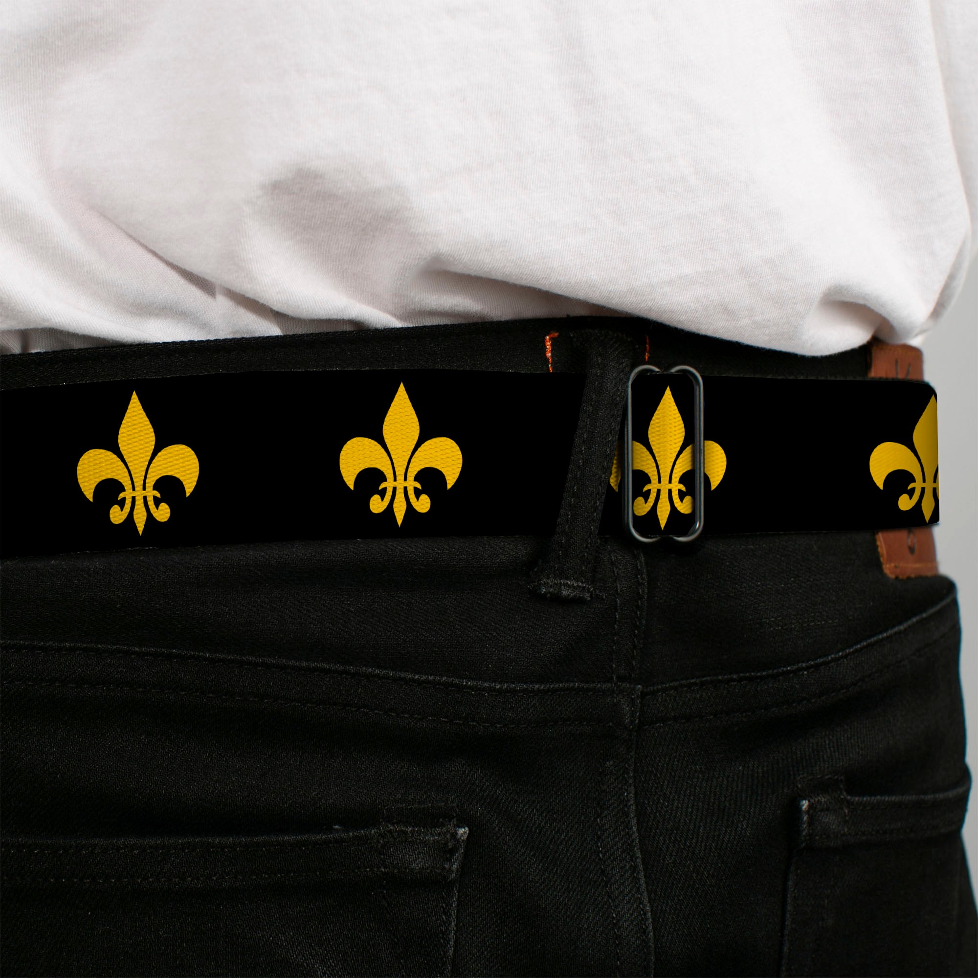 BD Wings Logo CLOSE-UP Full Color Black Silver Seatbelt Belt - Fleur-de-Lis Black/Yellow Webbing Seatbelt Belts Buckle-Down