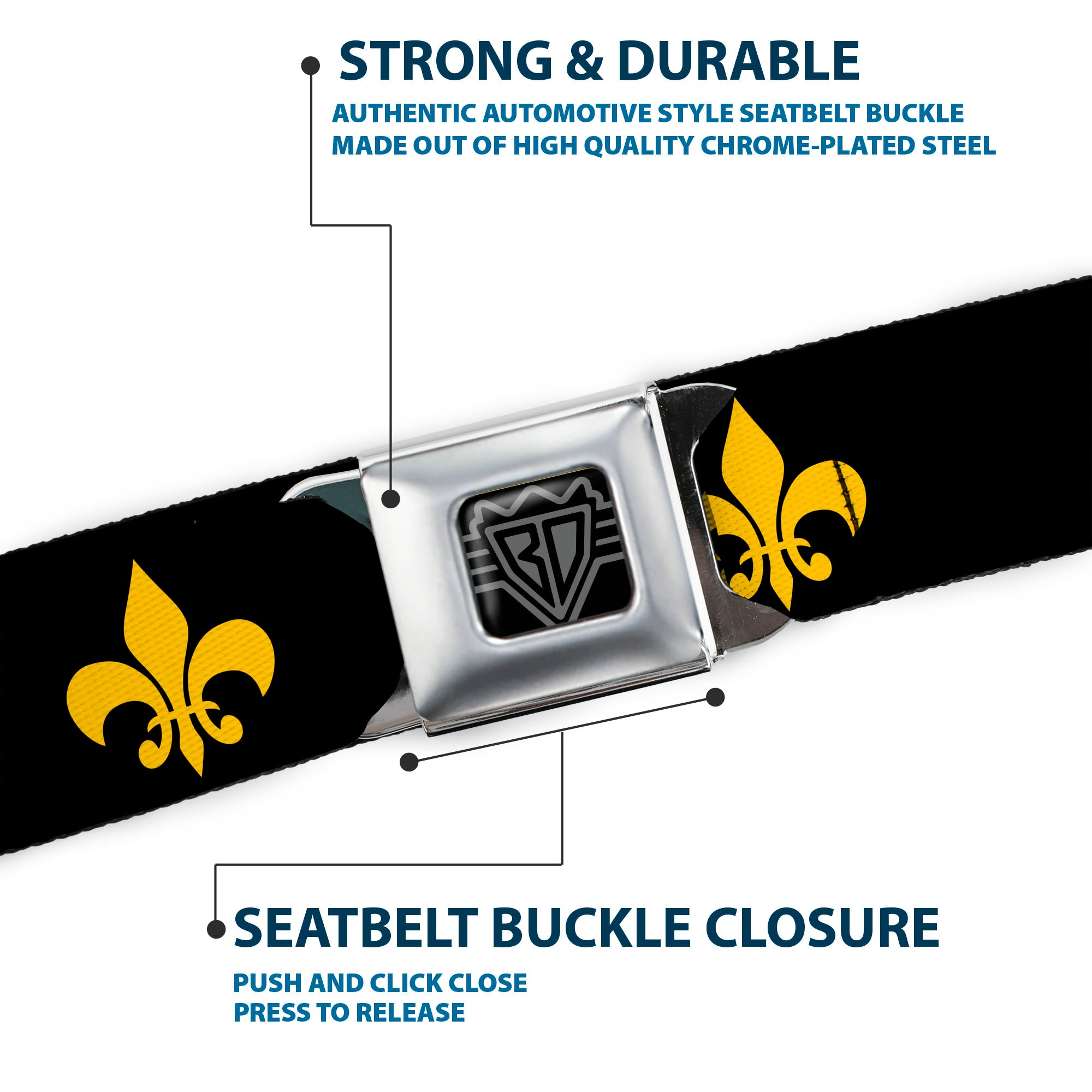 BD Wings Logo CLOSE-UP Full Color Black Silver Seatbelt Belt - Fleur-de-Lis Black/Yellow Webbing Seatbelt Belts Buckle-Down