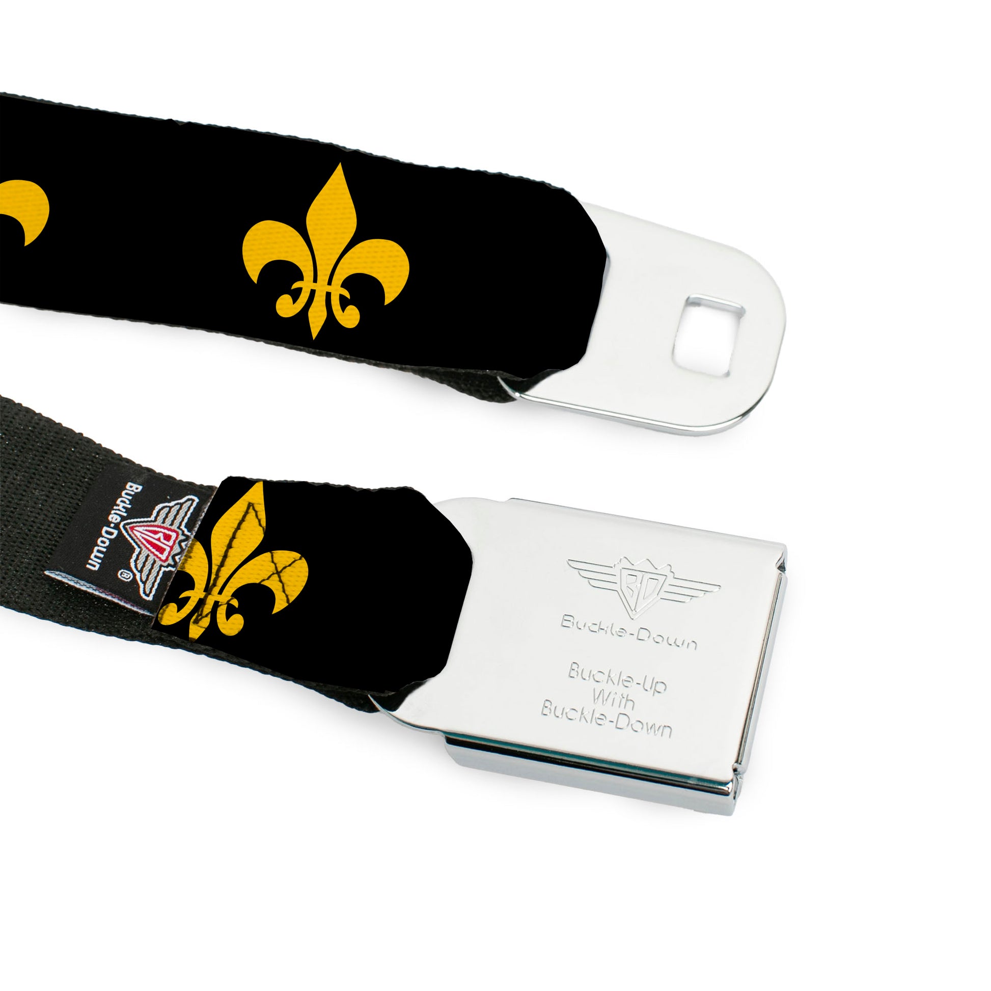 BD Wings Logo CLOSE-UP Full Color Black Silver Seatbelt Belt - Fleur-de-Lis Black/Yellow Webbing Seatbelt Belts Buckle-Down