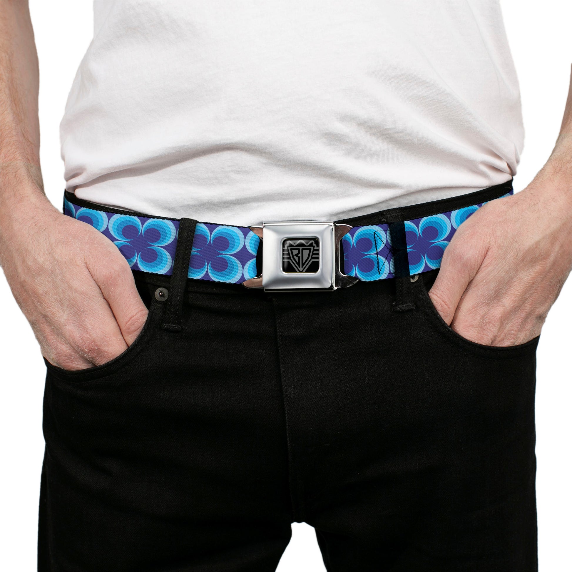 BD Wings Logo CLOSE-UP Full Color Black Silver Seatbelt Belt - Four Dot Gradient Royal/Blues Webbing Seatbelt Belts Buckle-Down
