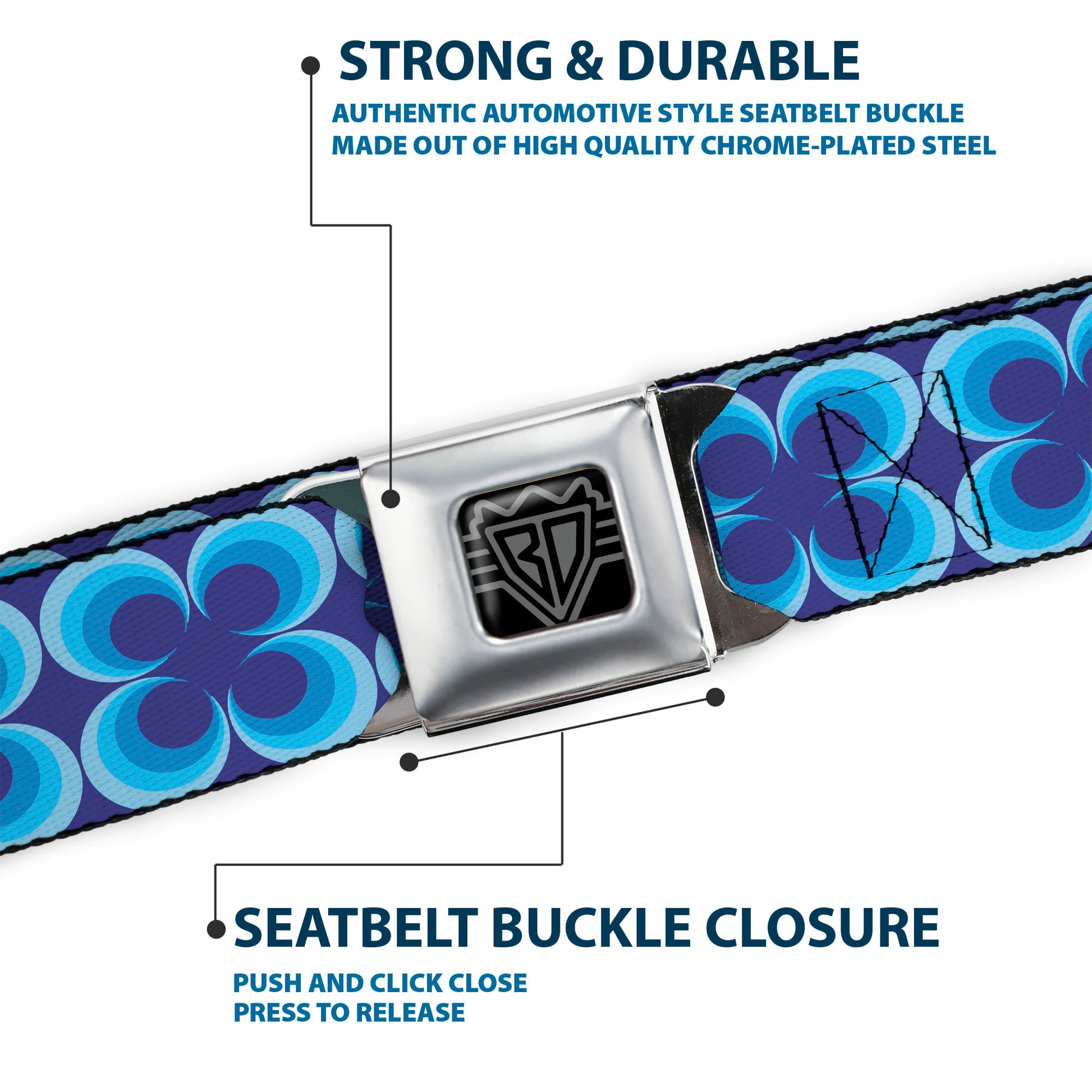 BD Wings Logo CLOSE-UP Full Color Black Silver Seatbelt Belt - Four Dot Gradient Royal/Blues Webbing Seatbelt Belts Buckle-Down