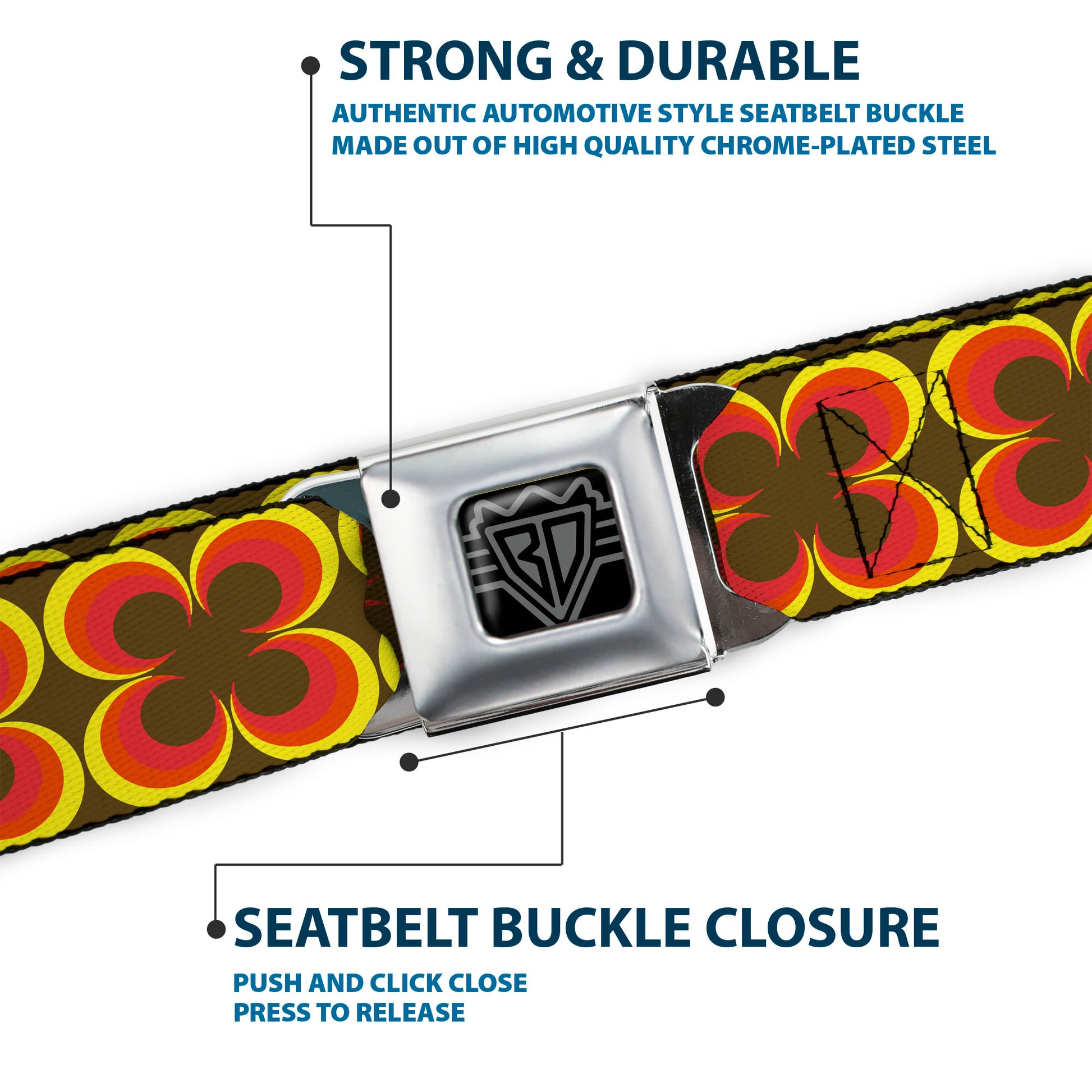 BD Wings Logo CLOSE-UP Full Color Black Silver Seatbelt Belt - Four Dot Gradient Brown/Yellow/Red Webbing Seatbelt Belts Buckle-Down