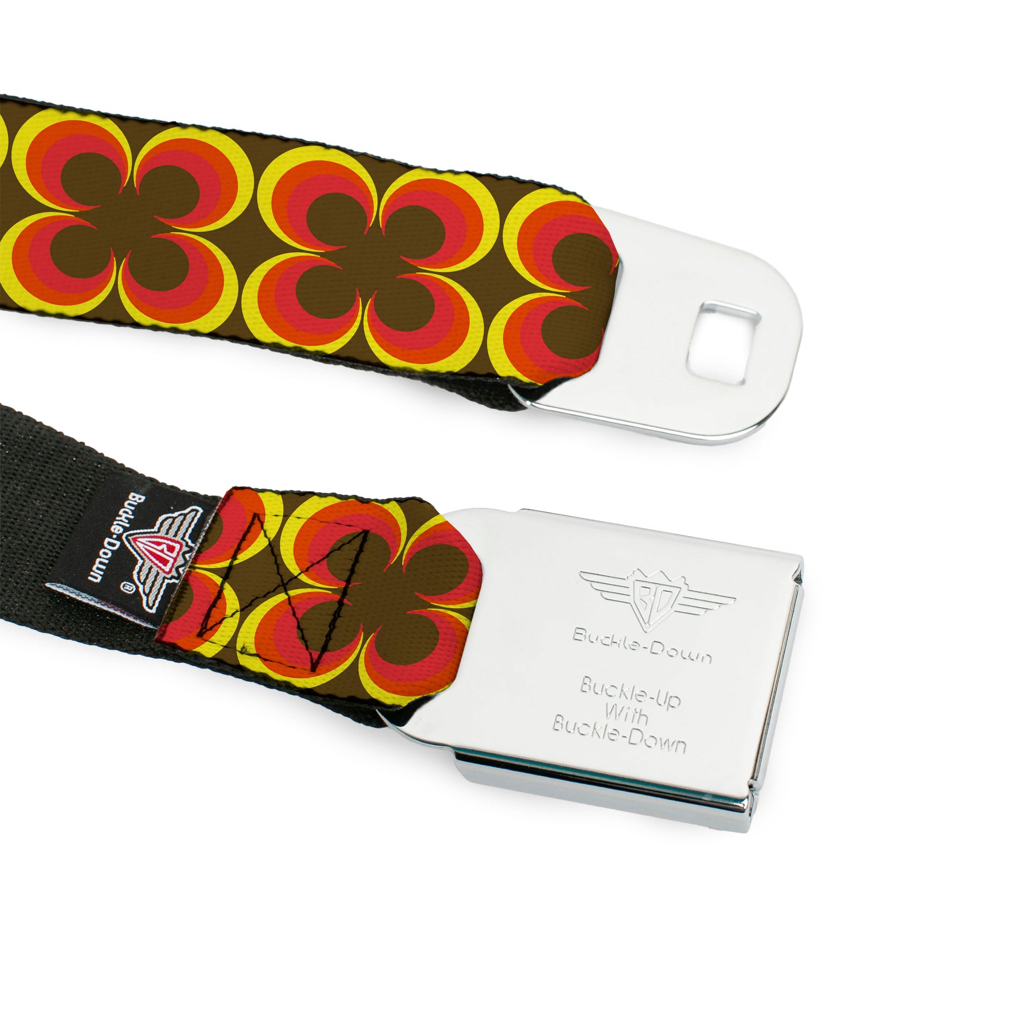 BD Wings Logo CLOSE-UP Full Color Black Silver Seatbelt Belt - Four Dot Gradient Brown/Yellow/Red Webbing Seatbelt Belts Buckle-Down