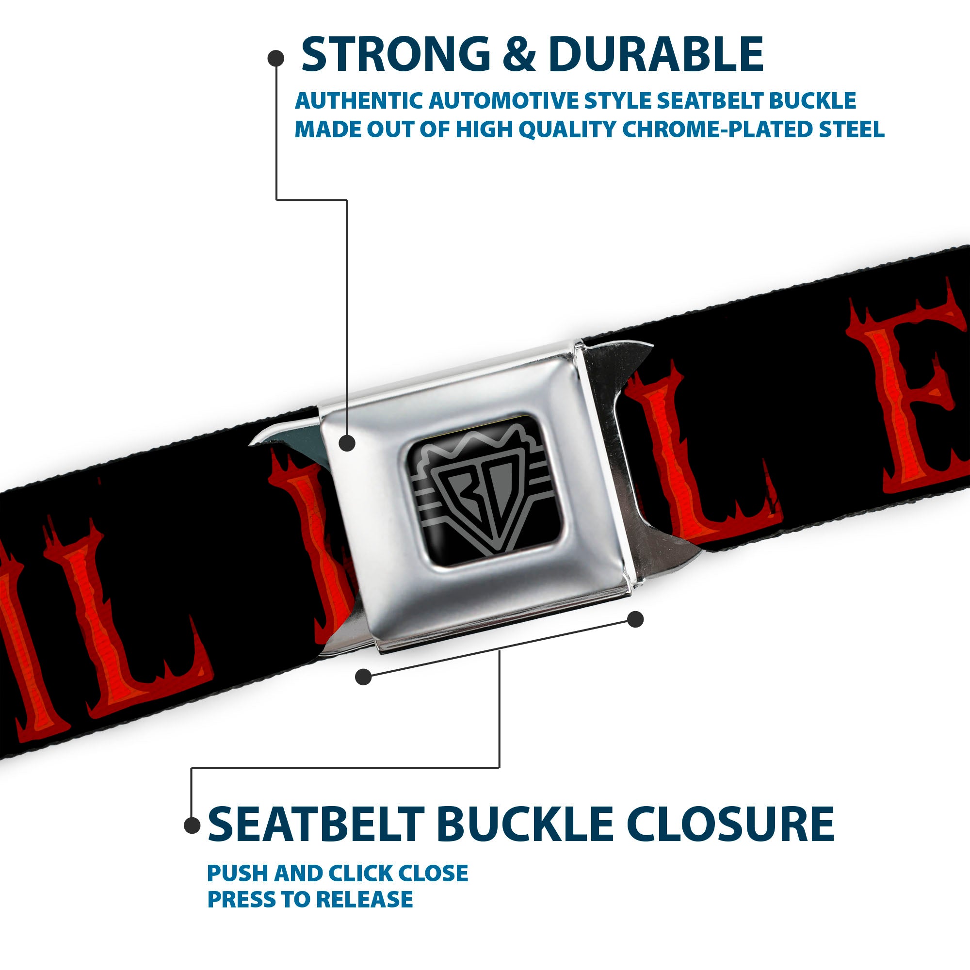 BD Wings Logo CLOSE-UP Full Color Black Silver Seatbelt Belt - Flaming EVIL Black/Red Webbing Seatbelt Belts Buckle-Down