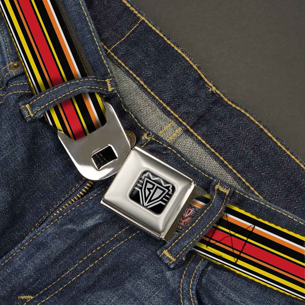 BD Wings Logo CLOSE-UP Full Color Black Silver Seatbelt Belt - Fine Stripes Black/Yellows/Orange/Red/White Webbing Seatbelt Belts Buckle-Down
