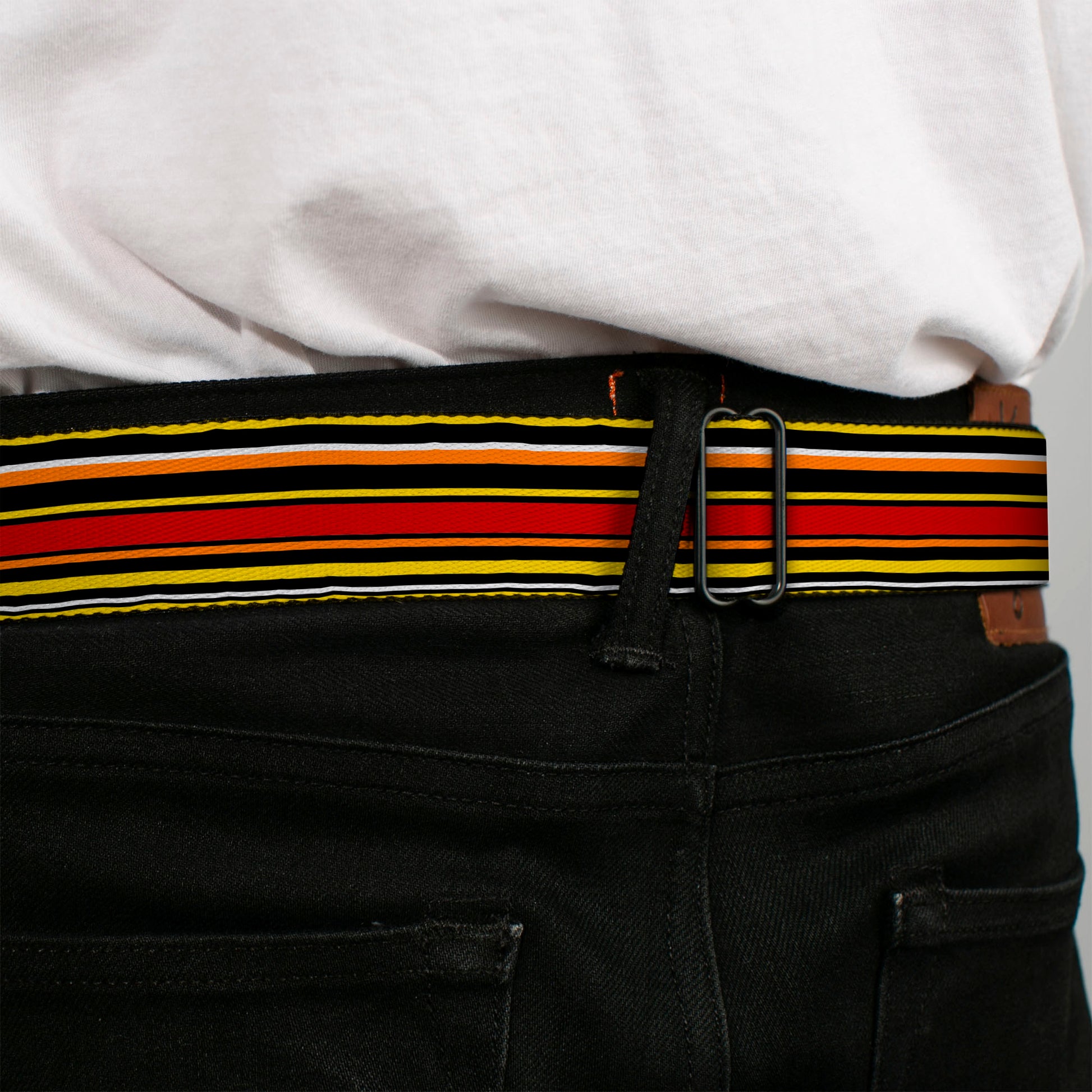 BD Wings Logo CLOSE-UP Full Color Black Silver Seatbelt Belt - Fine Stripes Black/Yellows/Orange/Red/White Webbing Seatbelt Belts Buckle-Down