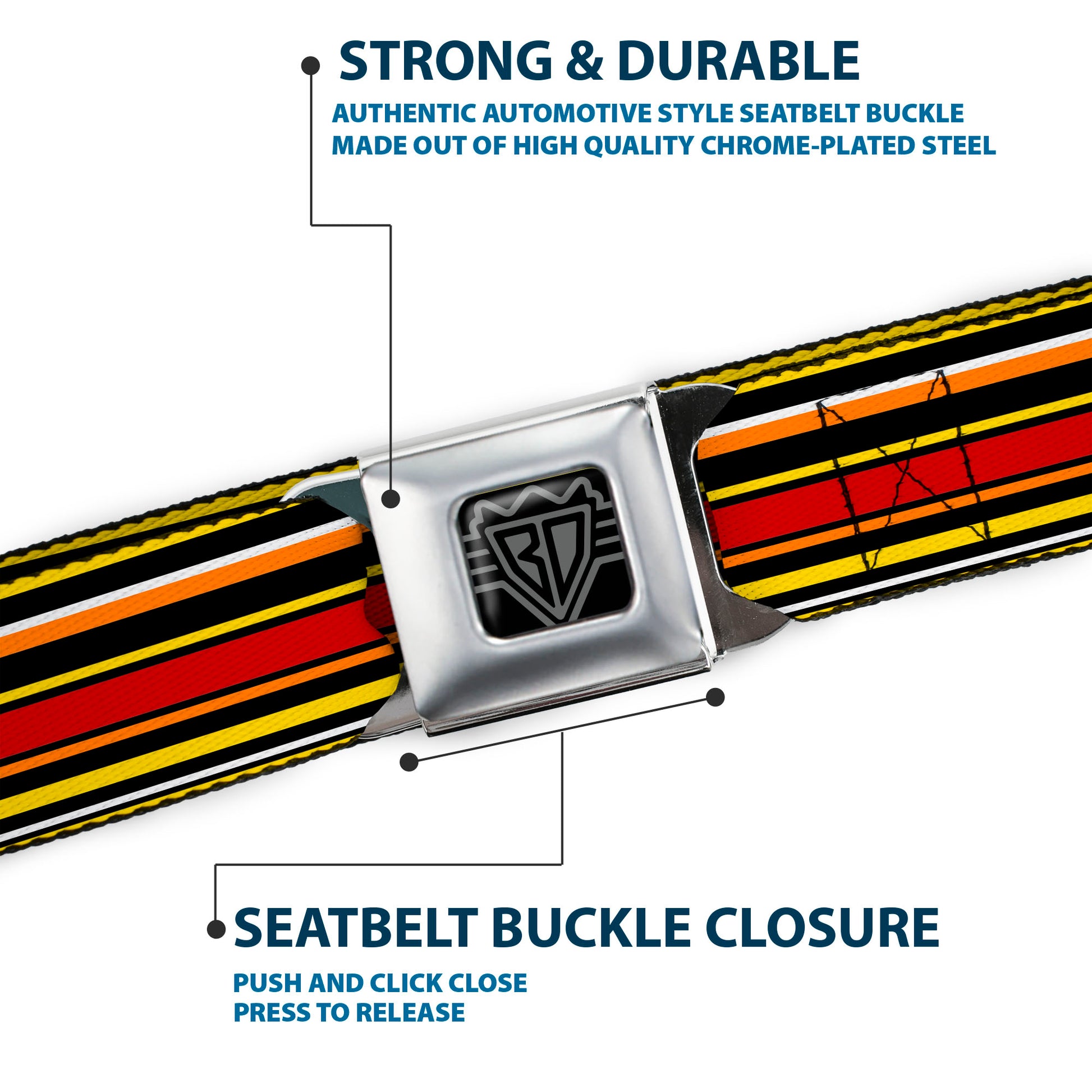 BD Wings Logo CLOSE-UP Full Color Black Silver Seatbelt Belt - Fine Stripes Black/Yellows/Orange/Red/White Webbing Seatbelt Belts Buckle-Down
