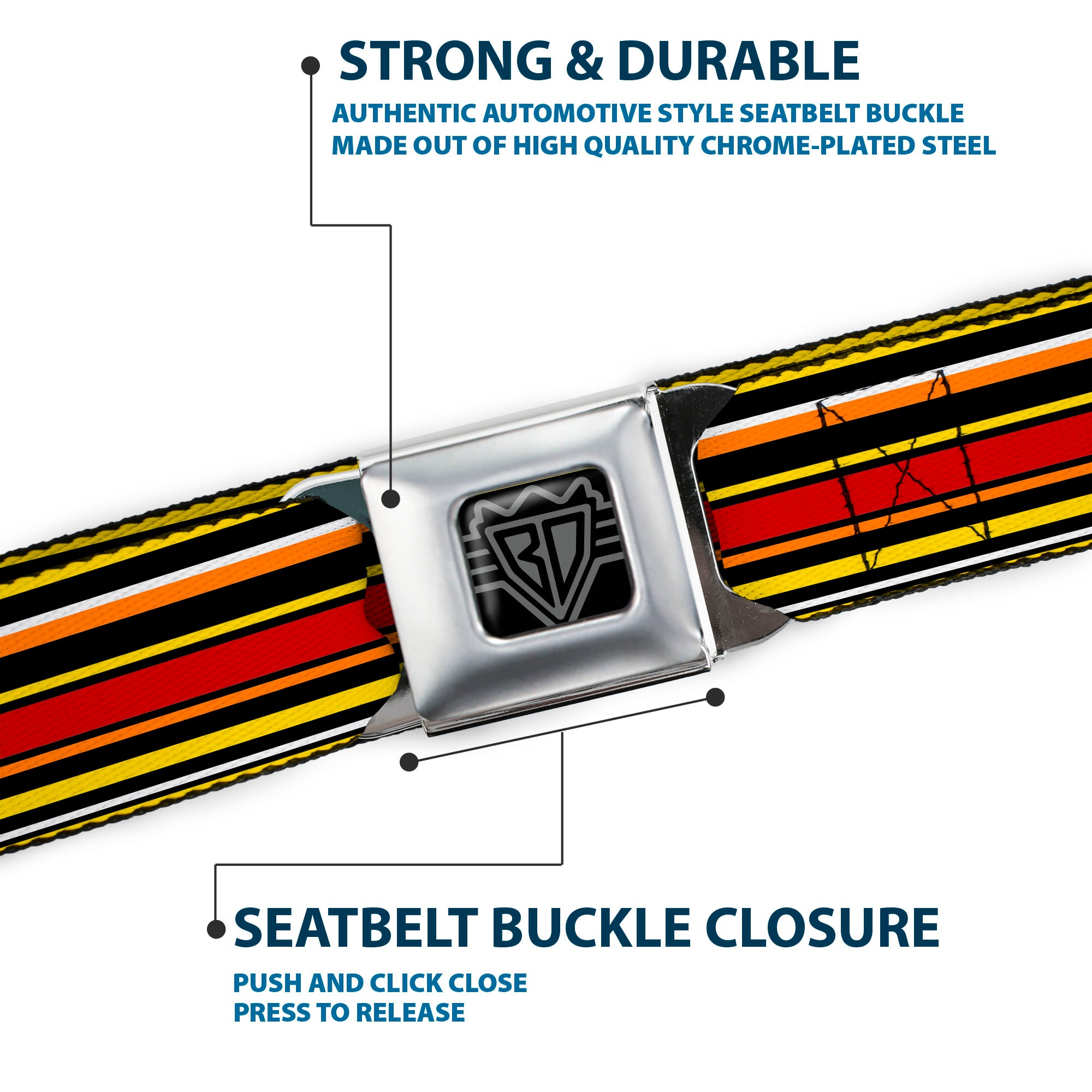 BD Wings Logo CLOSE-UP Full Color Black Silver Seatbelt Belt - Fine Stripes Black/Yellows/Orange/Red/White Webbing Seatbelt Belts Buckle-Down