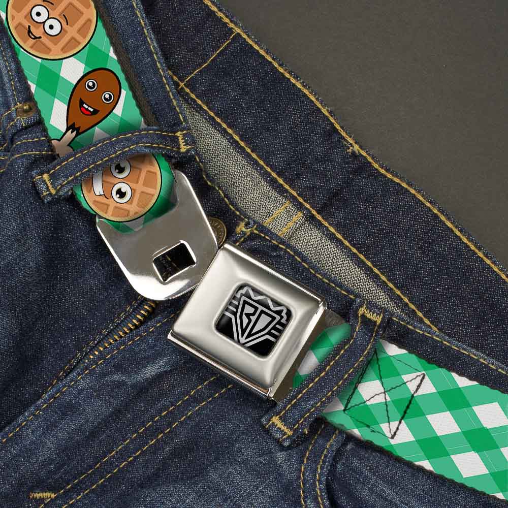 BD Wings Logo CLOSE-UP Full Color Black Silver Seatbelt Belt - Fried Chicken & Waffles Plaid White/Green Webbing Seatbelt Belts Buckle-Down