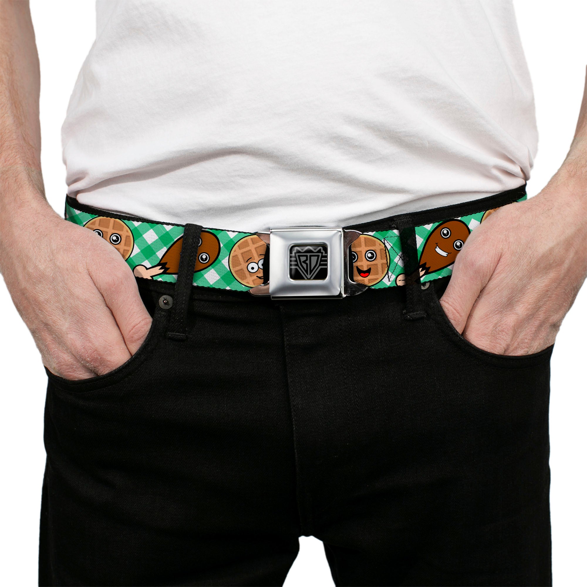 BD Wings Logo CLOSE-UP Full Color Black Silver Seatbelt Belt - Fried Chicken & Waffles Plaid White/Green Webbing Seatbelt Belts Buckle-Down