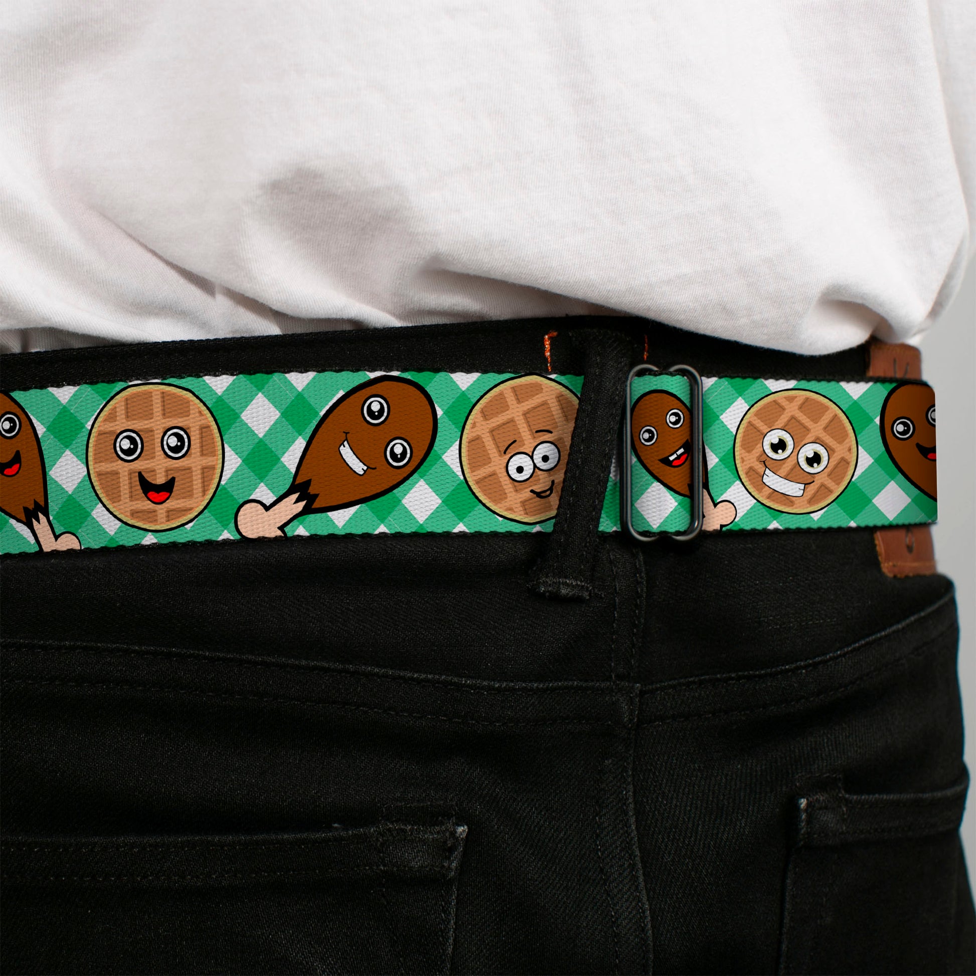 BD Wings Logo CLOSE-UP Full Color Black Silver Seatbelt Belt - Fried Chicken & Waffles Plaid White/Green Webbing Seatbelt Belts Buckle-Down