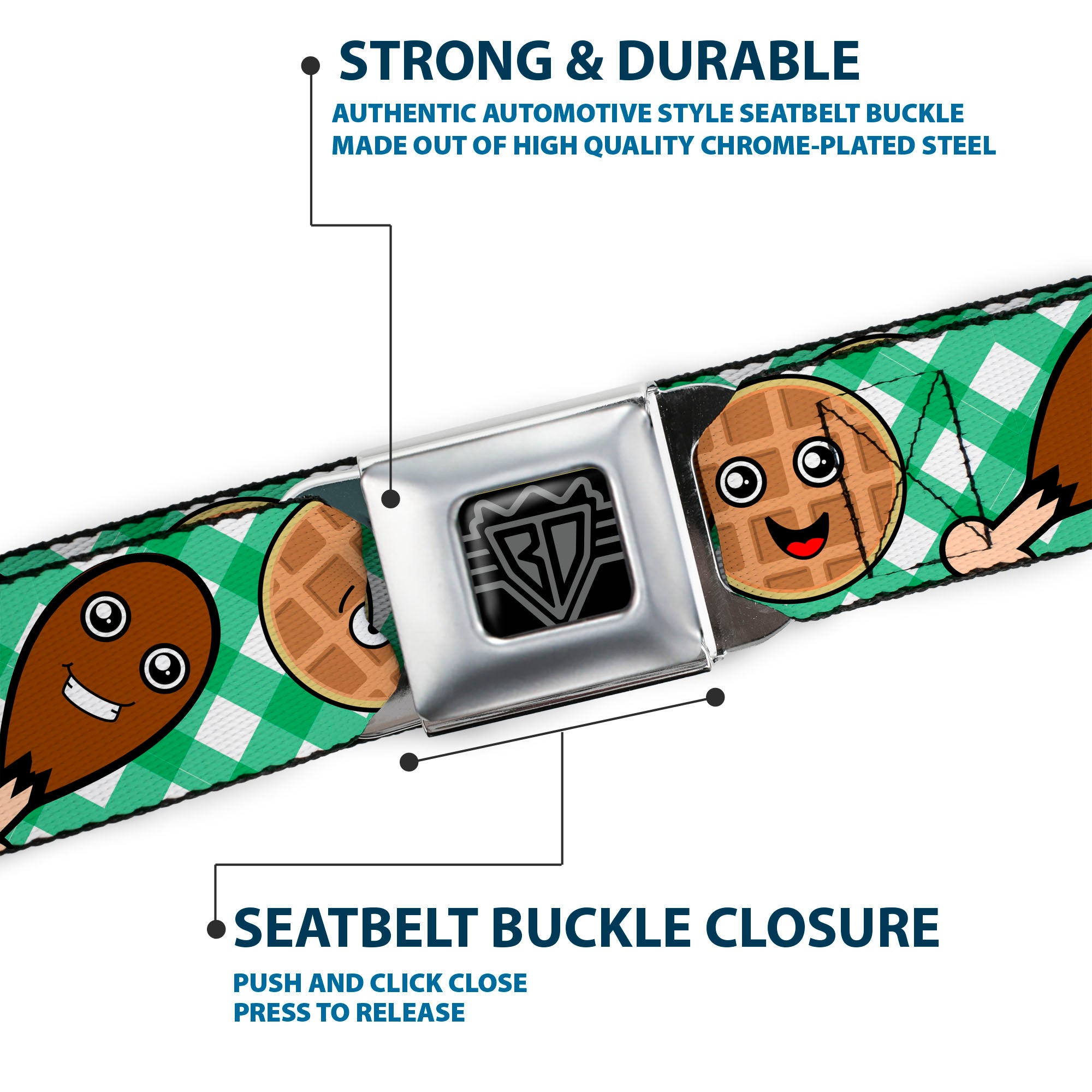BD Wings Logo CLOSE-UP Full Color Black Silver Seatbelt Belt - Fried Chicken & Waffles Plaid White/Green Webbing Seatbelt Belts Buckle-Down