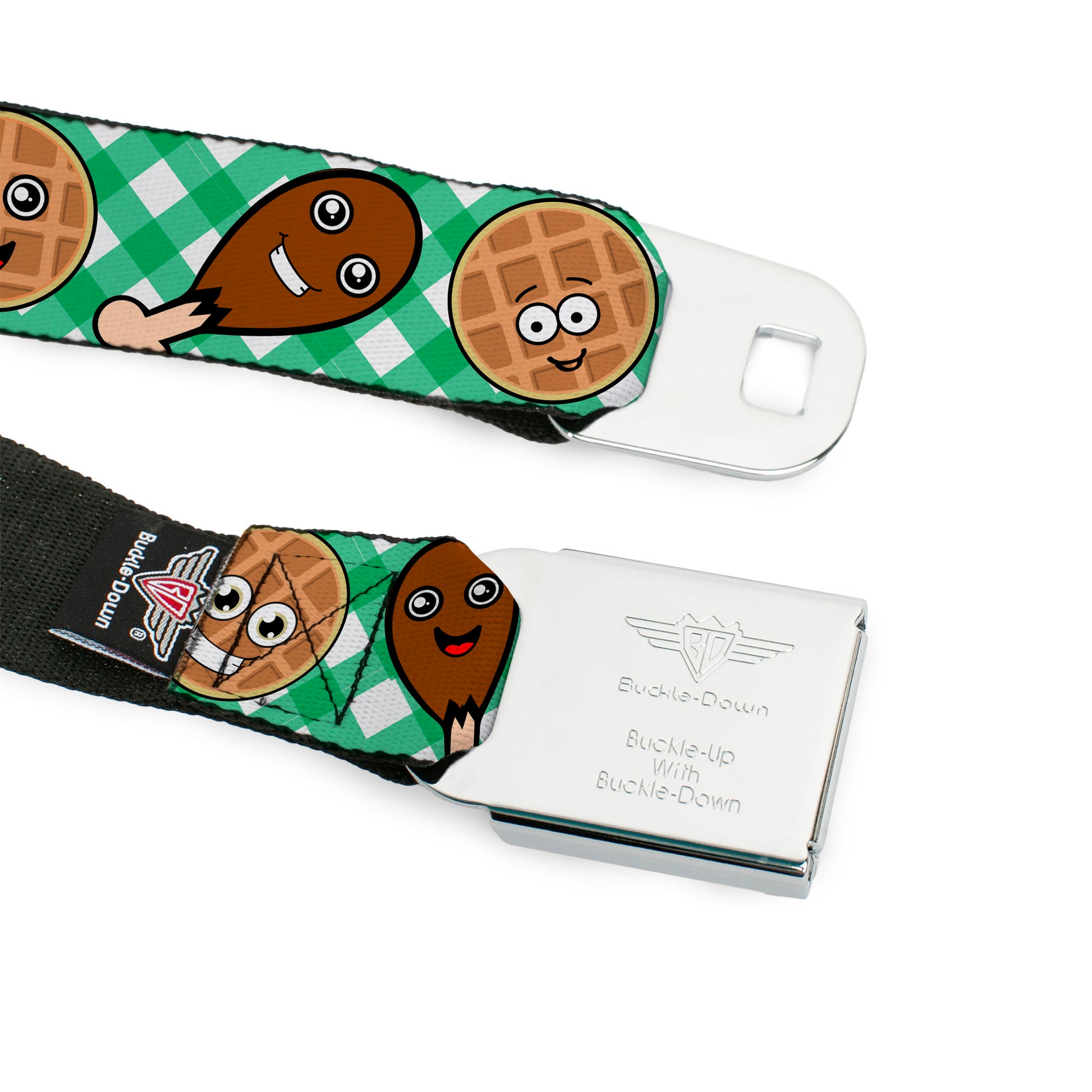 BD Wings Logo CLOSE-UP Full Color Black Silver Seatbelt Belt - Fried Chicken & Waffles Plaid White/Green Webbing Seatbelt Belts Buckle-Down