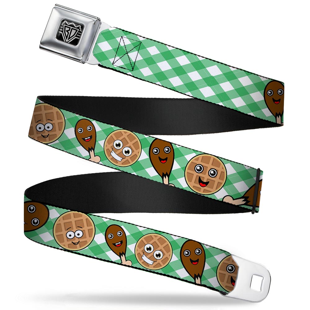 BD Wings Logo CLOSE-UP Full Color Black Silver Seatbelt Belt - Fried Chicken & Waffles Plaid White/Green Webbing Seatbelt Belts Buckle-Down