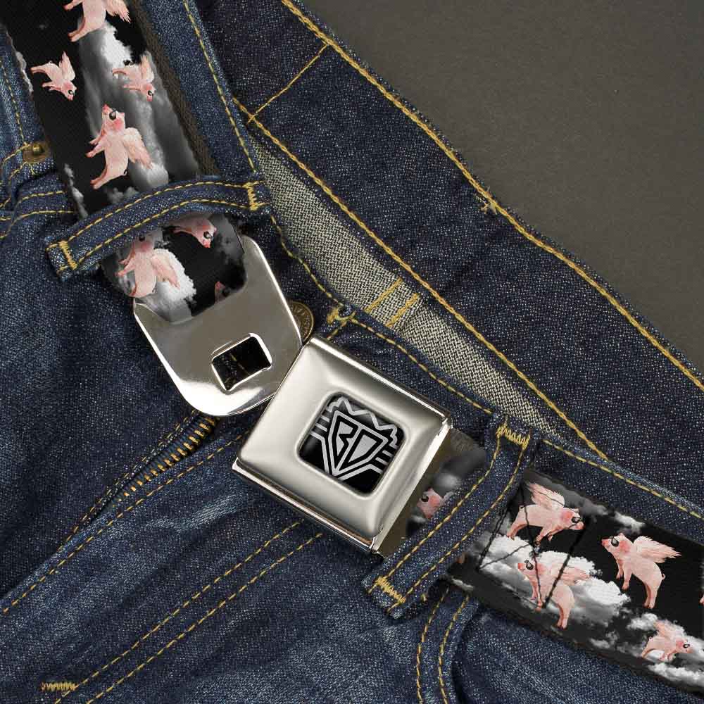 BD Wings Logo CLOSE-UP Full Color Black Silver Seatbelt Belt - Flying Pigs Black/White/Pink Webbing Seatbelt Belts Buckle-Down