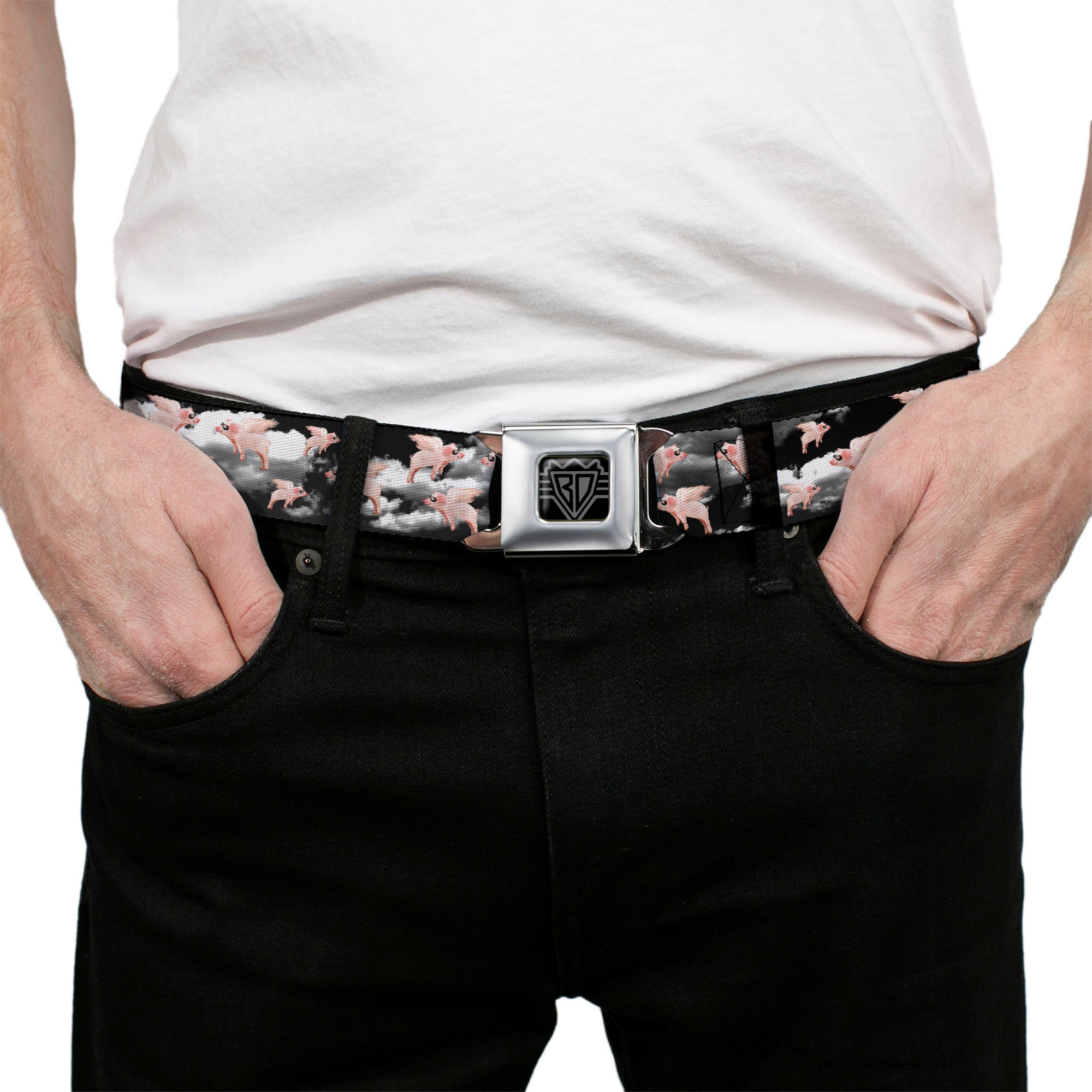 BD Wings Logo CLOSE-UP Full Color Black Silver Seatbelt Belt - Flying Pigs Black/White/Pink Webbing Seatbelt Belts Buckle-Down
