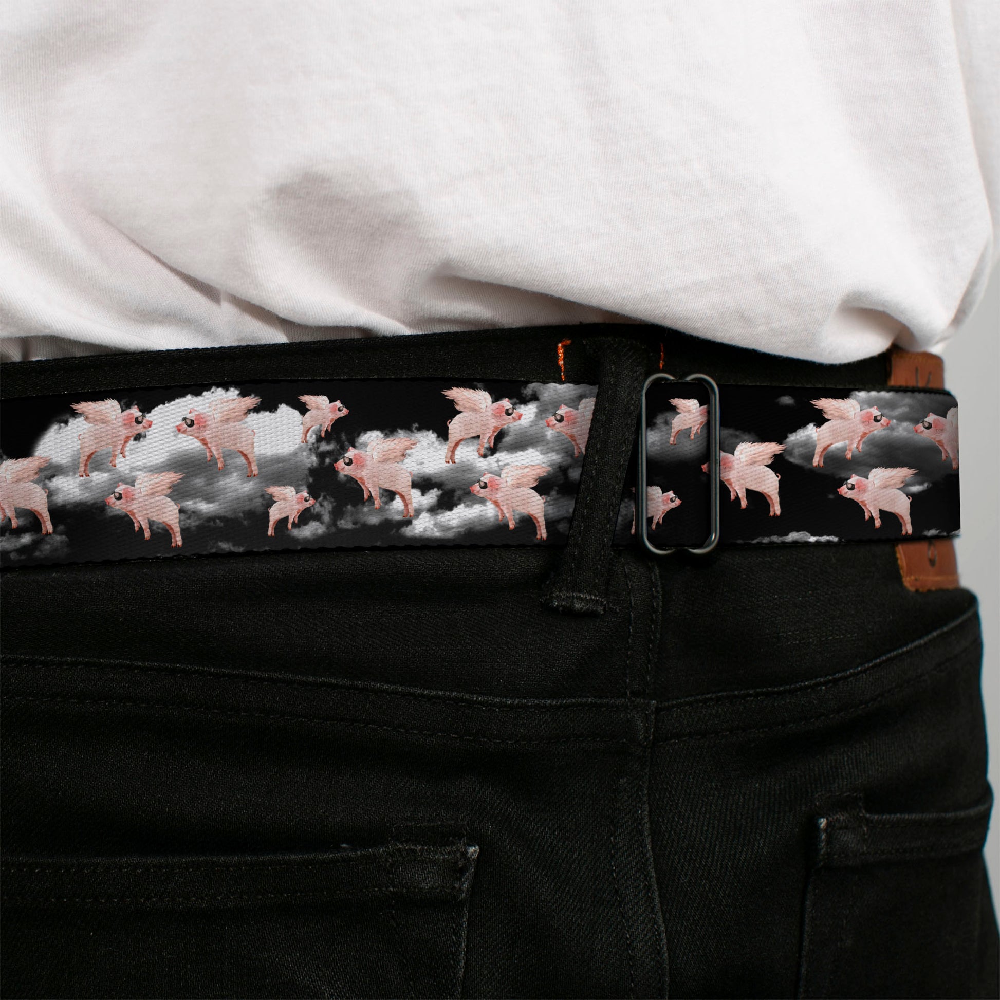 BD Wings Logo CLOSE-UP Full Color Black Silver Seatbelt Belt - Flying Pigs Black/White/Pink Webbing Seatbelt Belts Buckle-Down
