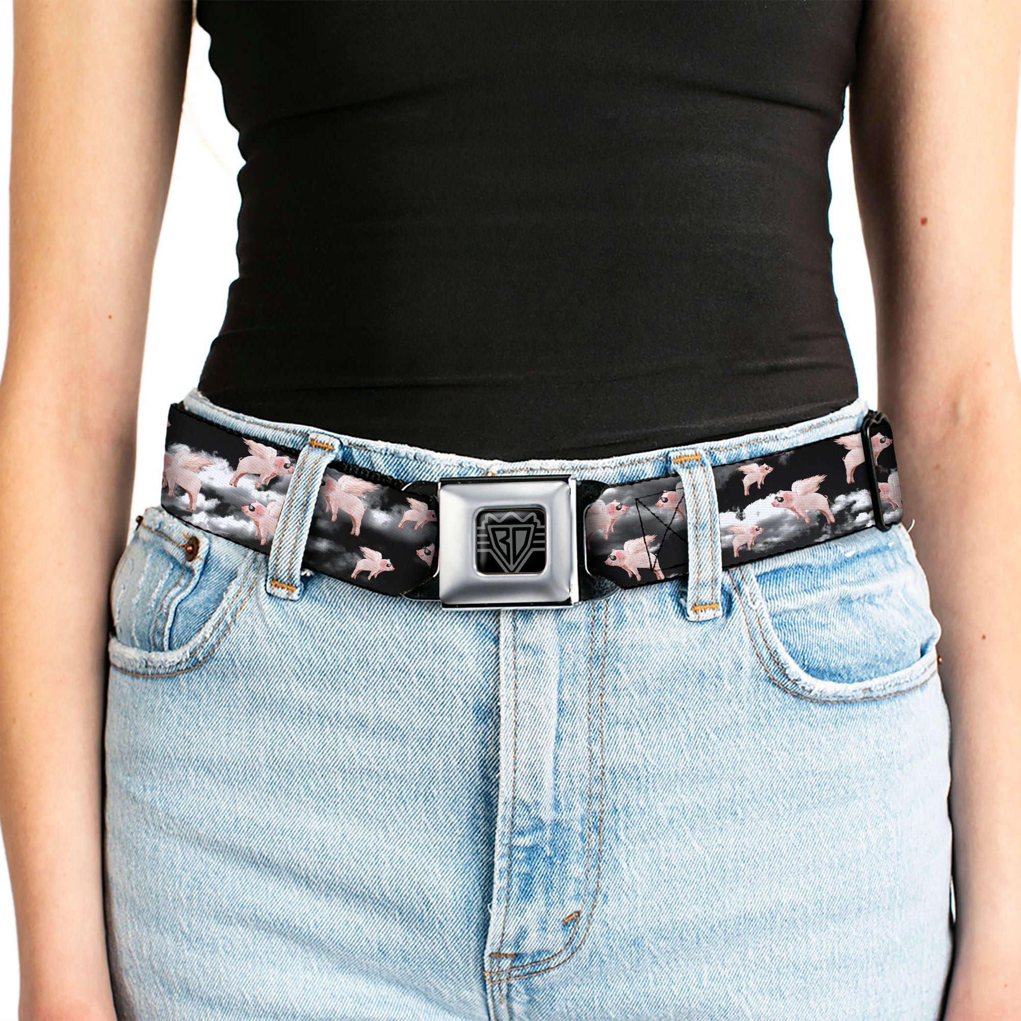 BD Wings Logo CLOSE-UP Full Color Black Silver Seatbelt Belt - Flying Pigs Black/White/Pink Webbing Seatbelt Belts Buckle-Down