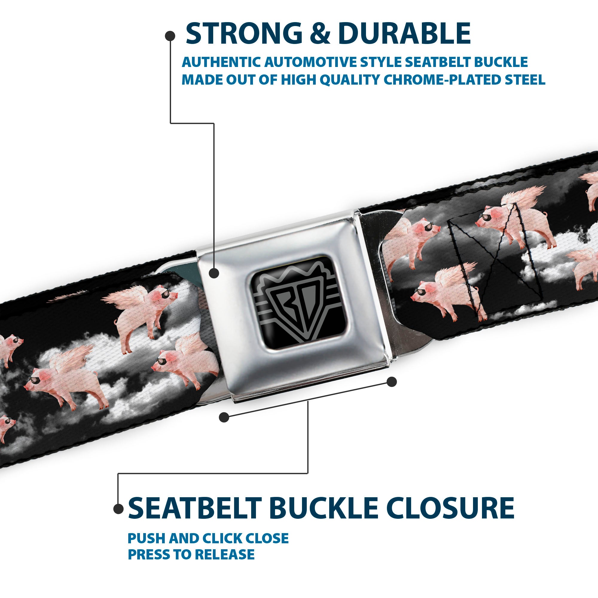 BD Wings Logo CLOSE-UP Full Color Black Silver Seatbelt Belt - Flying Pigs Black/White/Pink Webbing Seatbelt Belts Buckle-Down