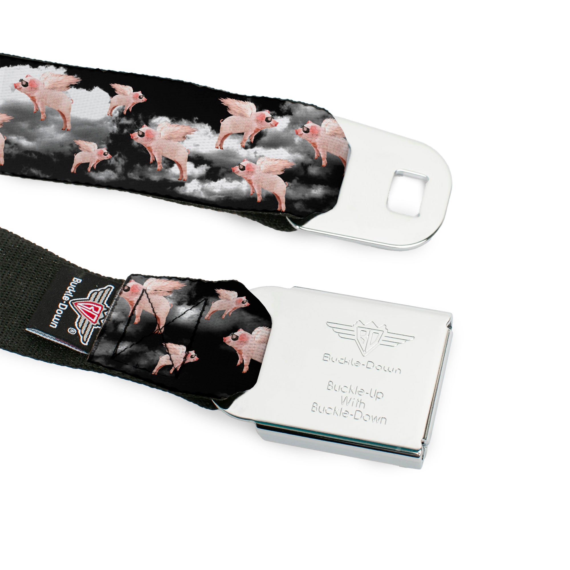 BD Wings Logo CLOSE-UP Full Color Black Silver Seatbelt Belt - Flying Pigs Black/White/Pink Webbing Seatbelt Belts Buckle-Down