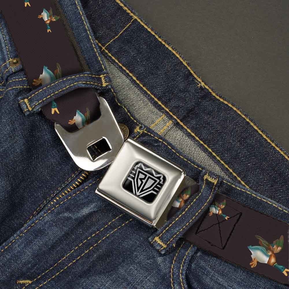 BD Wings Logo CLOSE-UP Full Color Black Silver Seatbelt Belt - Flying Mallards Burgundy Webbing Seatbelt Belts Buckle-Down