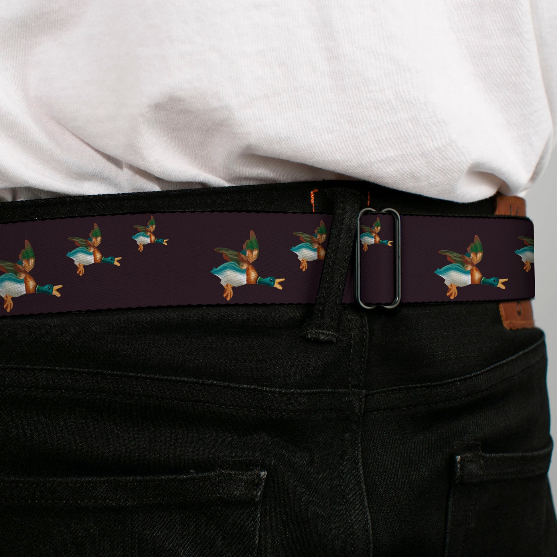 BD Wings Logo CLOSE-UP Full Color Black Silver Seatbelt Belt - Flying Mallards Burgundy Webbing Seatbelt Belts Buckle-Down