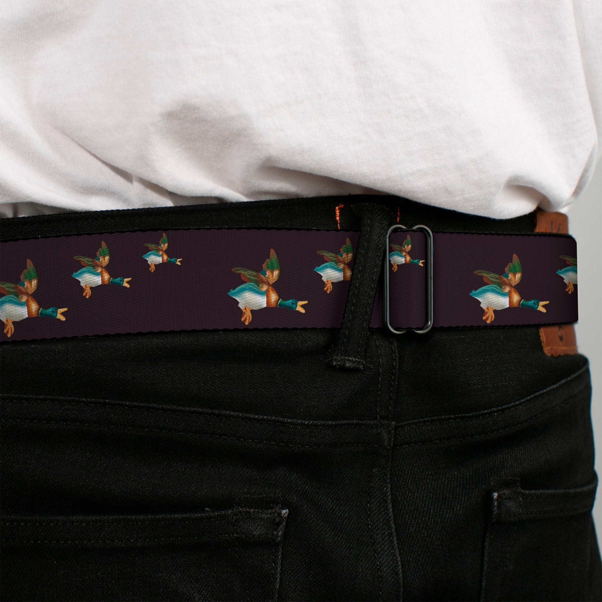 BD Wings Logo CLOSE-UP Full Color Black Silver Seatbelt Belt - Flying Mallards Burgundy Webbing Seatbelt Belts Buckle-Down