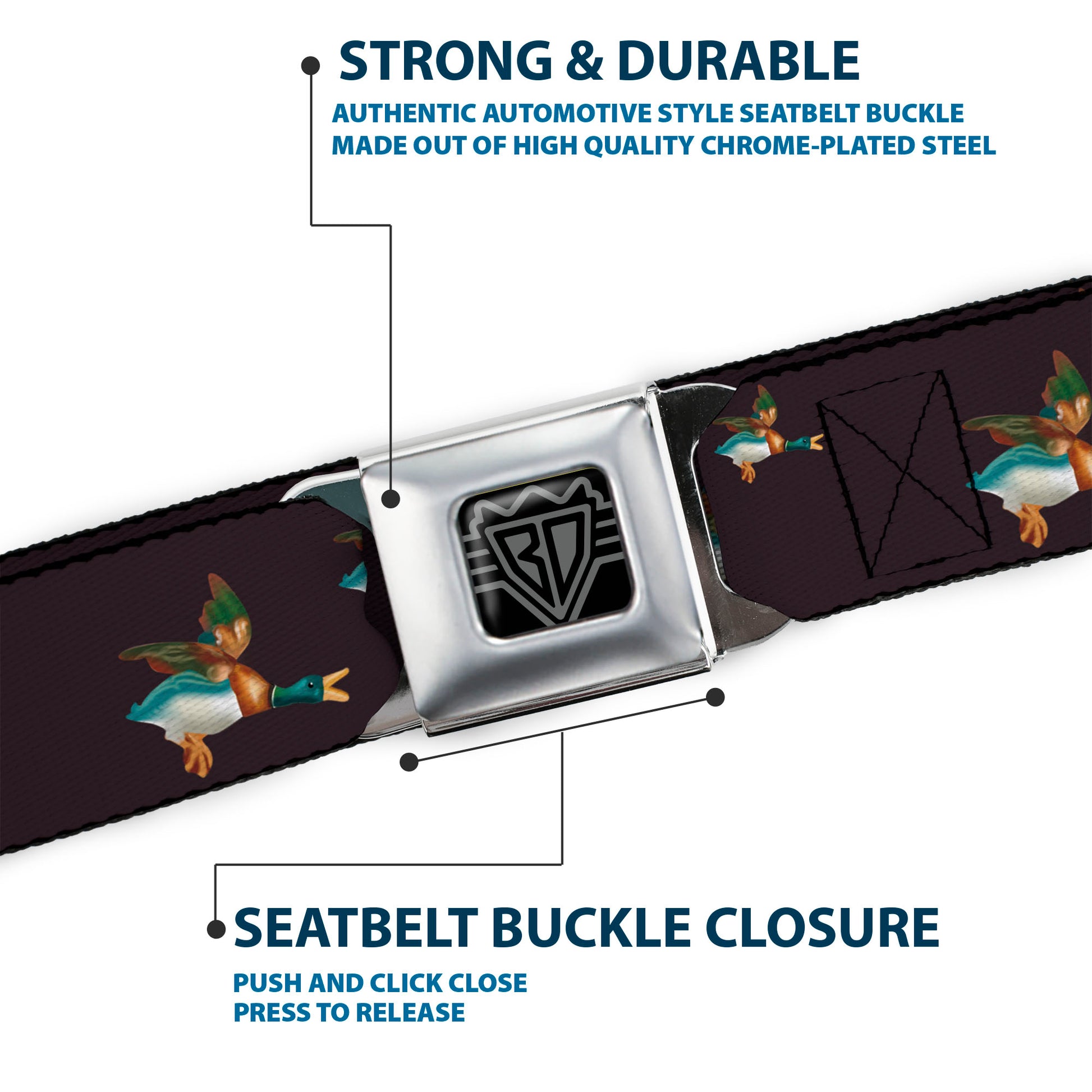 BD Wings Logo CLOSE-UP Full Color Black Silver Seatbelt Belt - Flying Mallards Burgundy Webbing Seatbelt Belts Buckle-Down