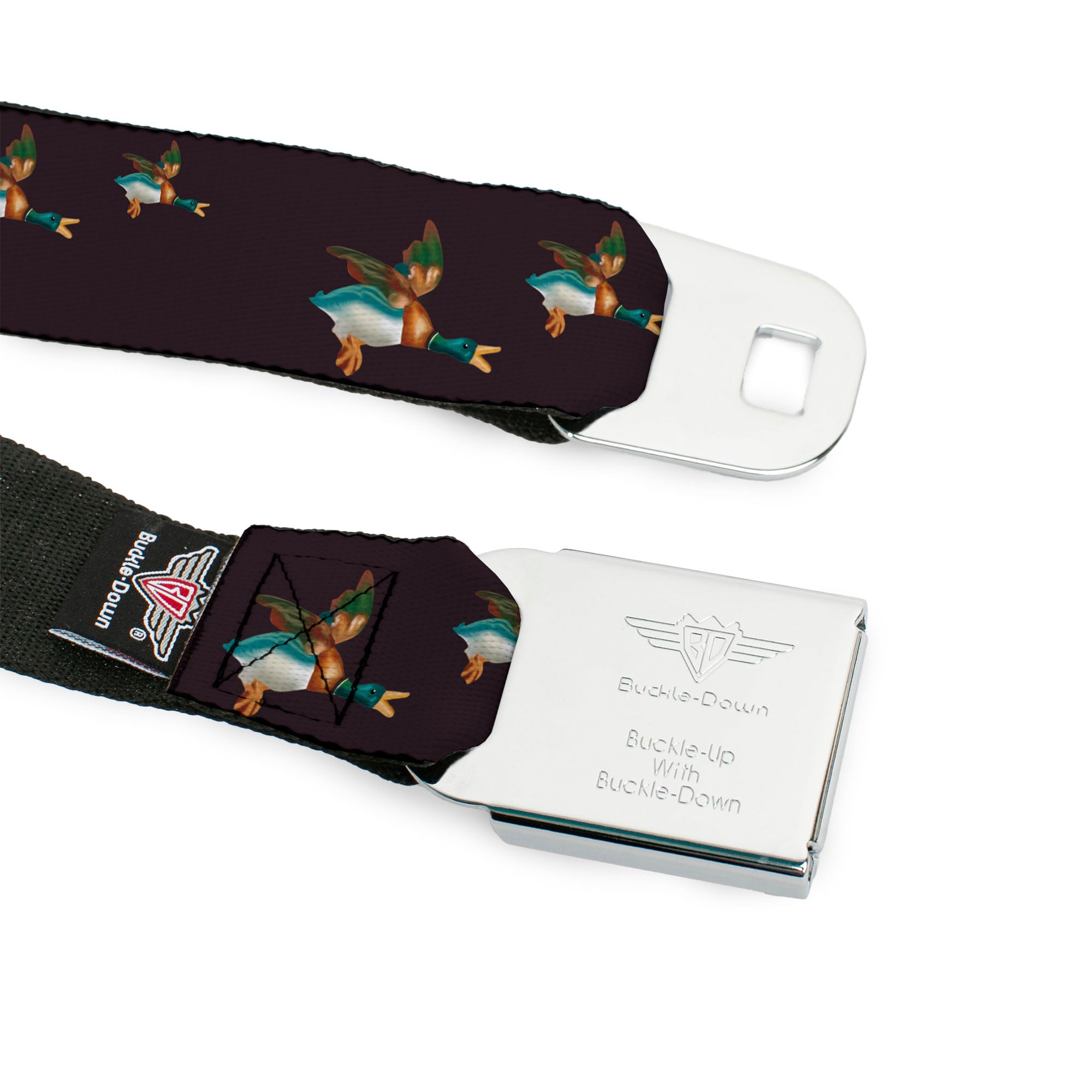 BD Wings Logo CLOSE-UP Full Color Black Silver Seatbelt Belt - Flying Mallards Burgundy Webbing Seatbelt Belts Buckle-Down