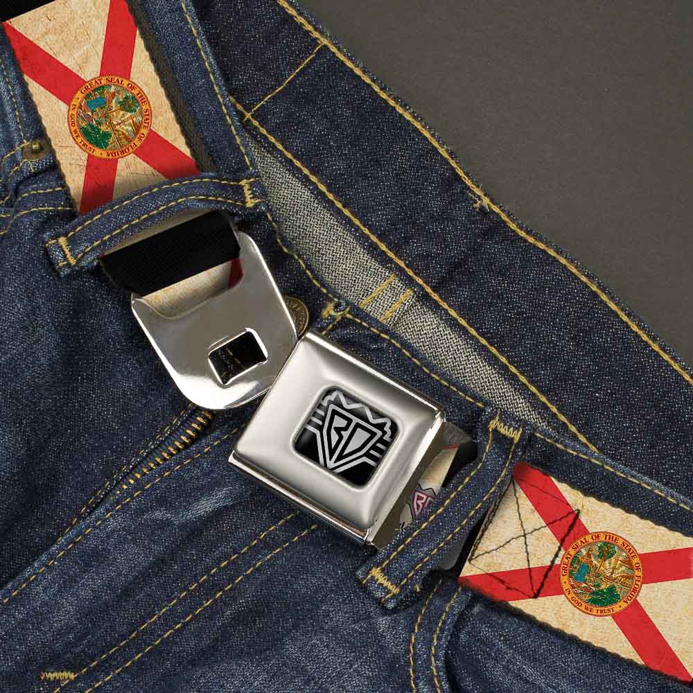 BD Wings Logo CLOSE-UP Full Color Black Silver Seatbelt Belt - Florida Flags/Black Webbing Seatbelt Belts Buckle-Down