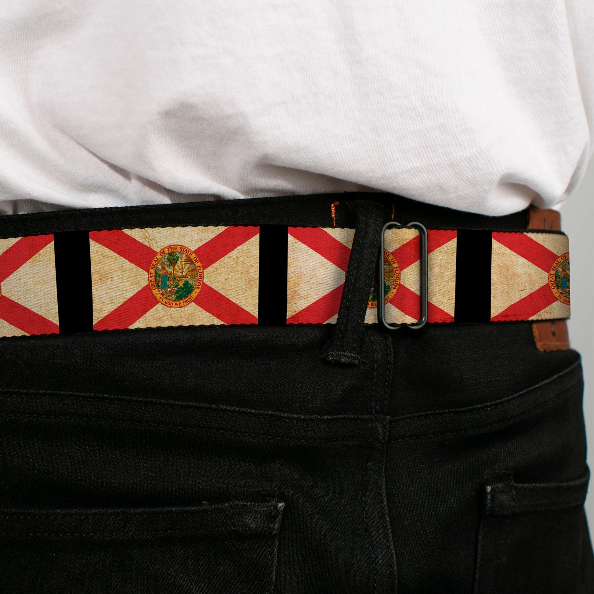 BD Wings Logo CLOSE-UP Full Color Black Silver Seatbelt Belt - Florida Flags/Black Webbing Seatbelt Belts Buckle-Down