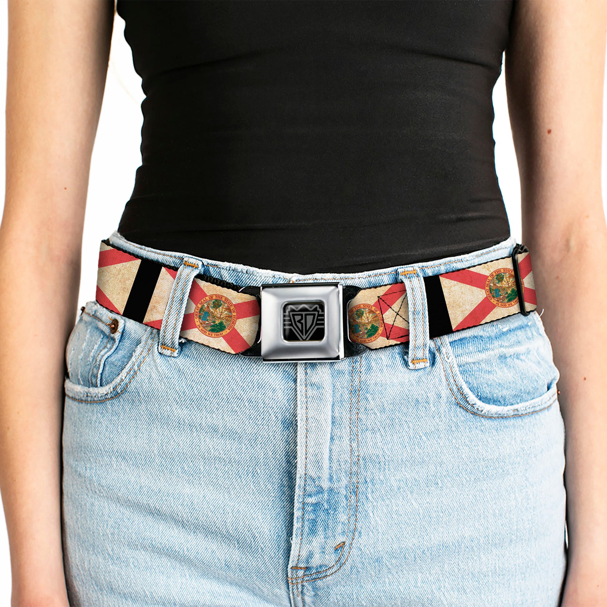 BD Wings Logo CLOSE-UP Full Color Black Silver Seatbelt Belt - Florida Flags/Black Webbing Seatbelt Belts Buckle-Down