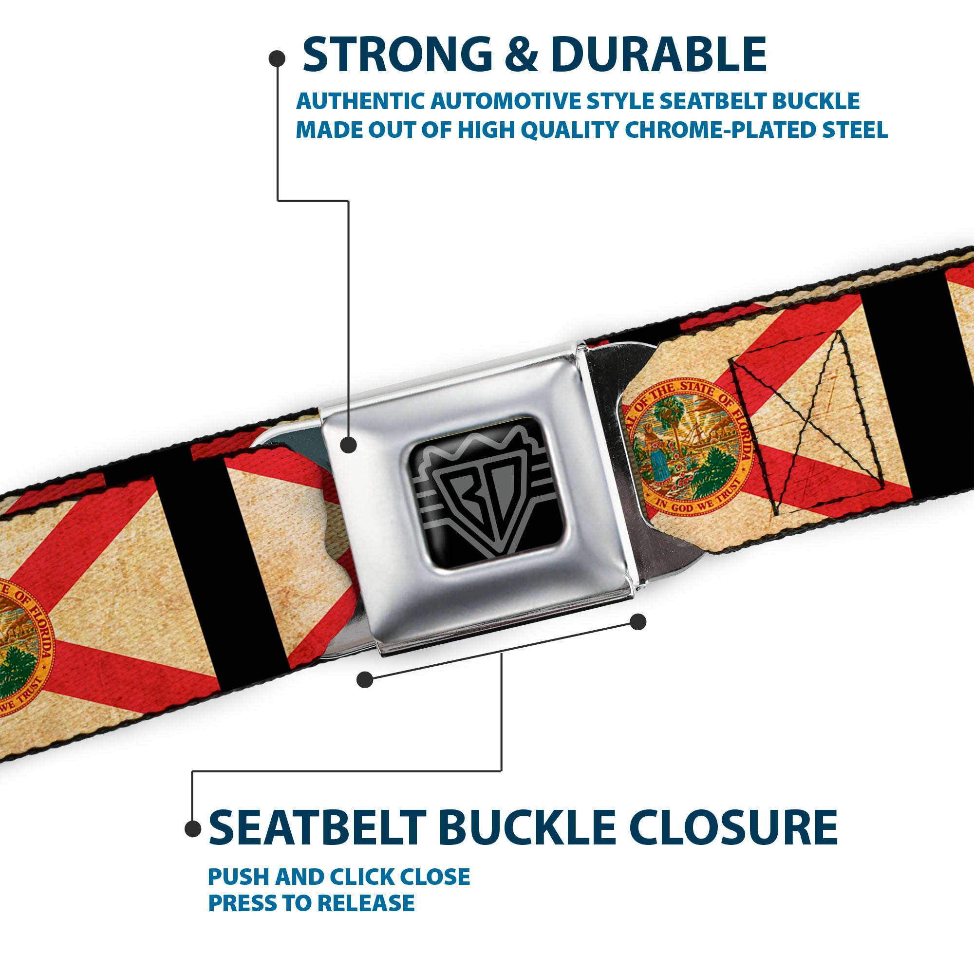BD Wings Logo CLOSE-UP Full Color Black Silver Seatbelt Belt - Florida Flags/Black Webbing Seatbelt Belts Buckle-Down