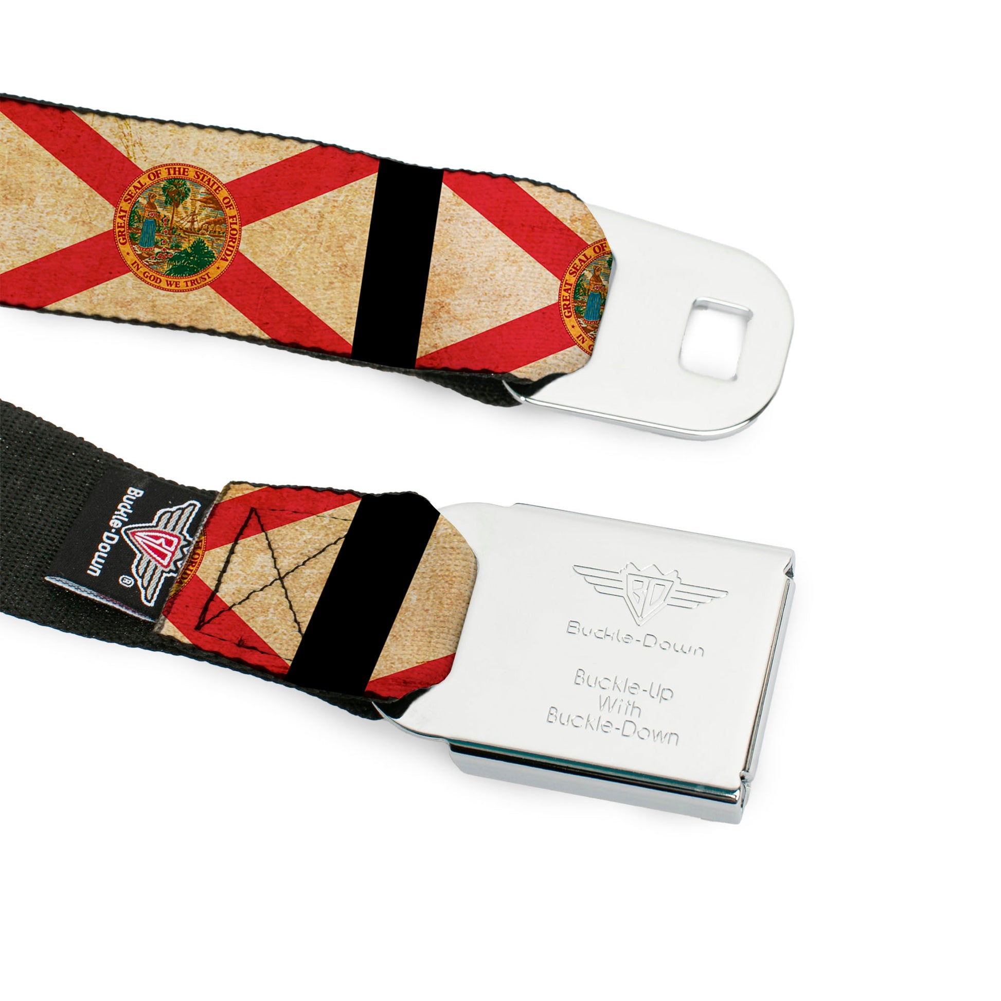 BD Wings Logo CLOSE-UP Full Color Black Silver Seatbelt Belt - Florida Flags/Black Webbing Seatbelt Belts Buckle-Down