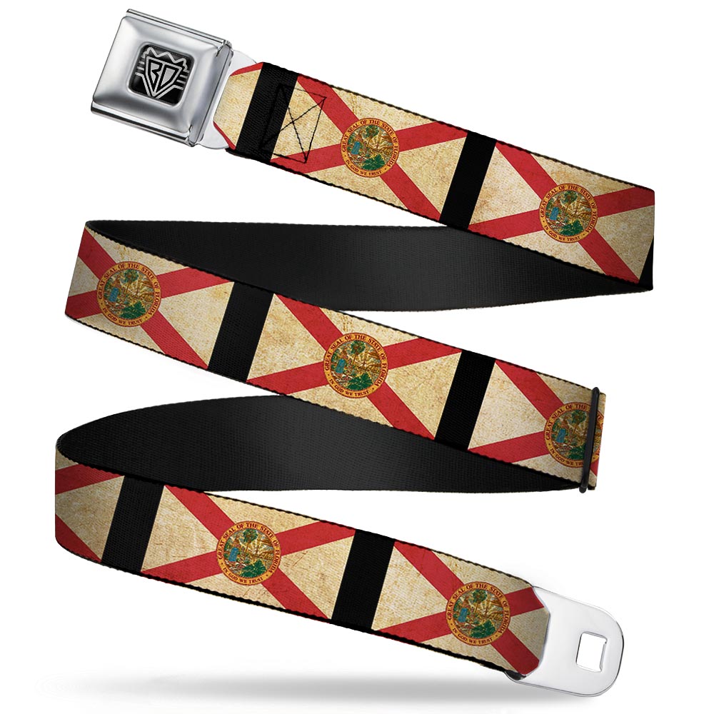 BD Wings Logo CLOSE-UP Full Color Black Silver Seatbelt Belt - Florida Flags/Black Webbing Seatbelt Belts Buckle-Down