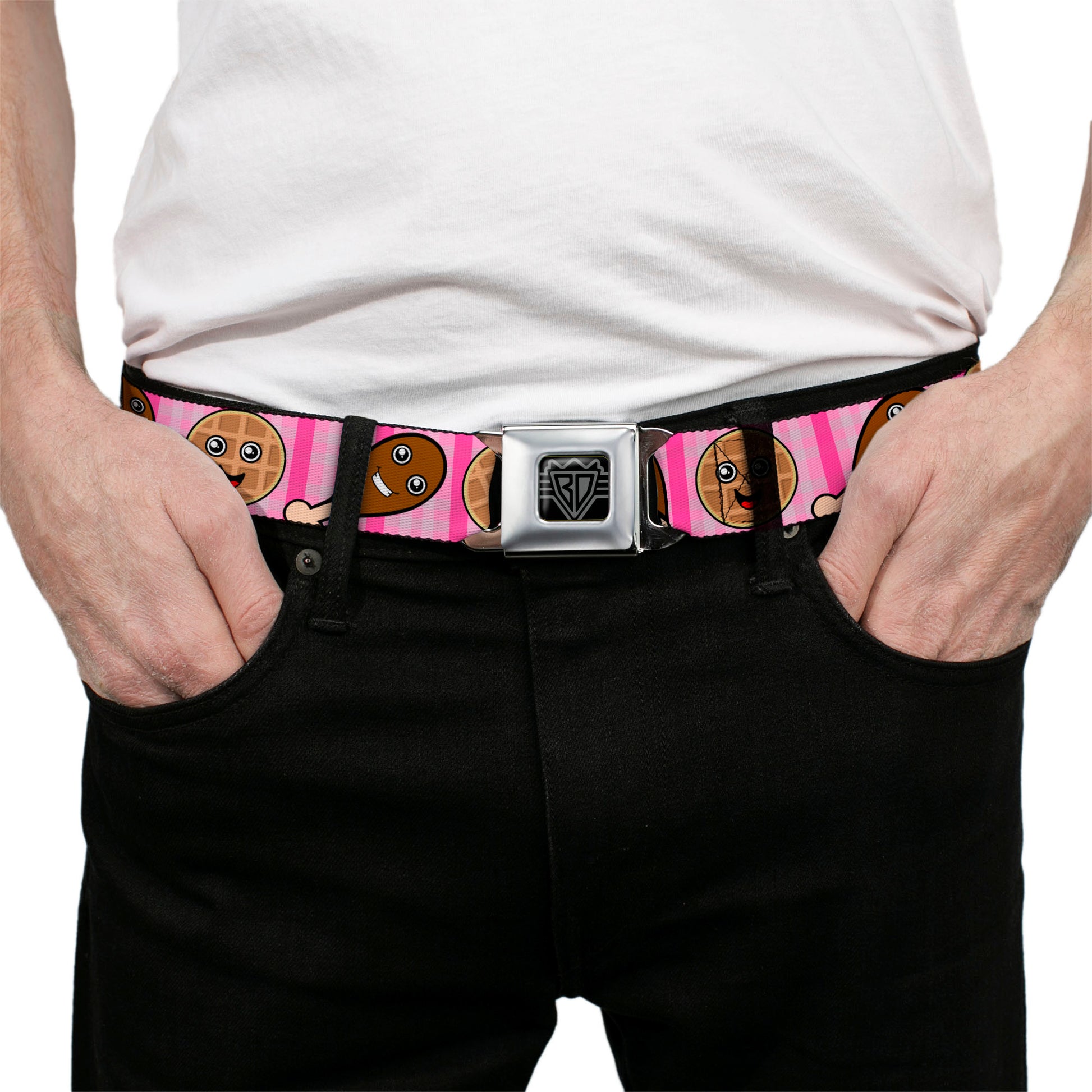 BD Wings Logo CLOSE-UP Full Color Black Silver Seatbelt Belt - Fried Chicken & Waffles Plaid Pinks Webbing Seatbelt Belts Buckle-Down