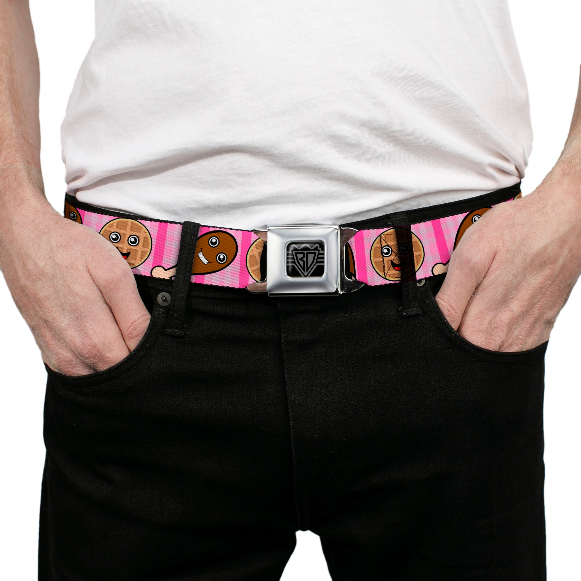 BD Wings Logo CLOSE-UP Full Color Black Silver Seatbelt Belt - Fried Chicken & Waffles Plaid Pinks Webbing Seatbelt Belts Buckle-Down