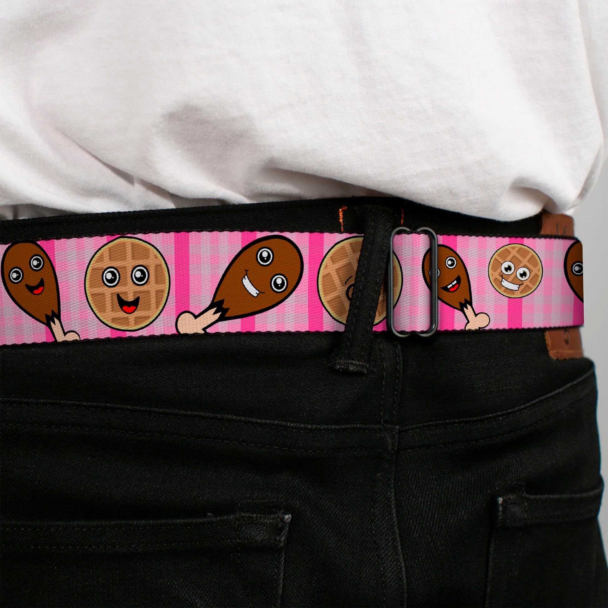 BD Wings Logo CLOSE-UP Full Color Black Silver Seatbelt Belt - Fried Chicken & Waffles Plaid Pinks Webbing Seatbelt Belts Buckle-Down