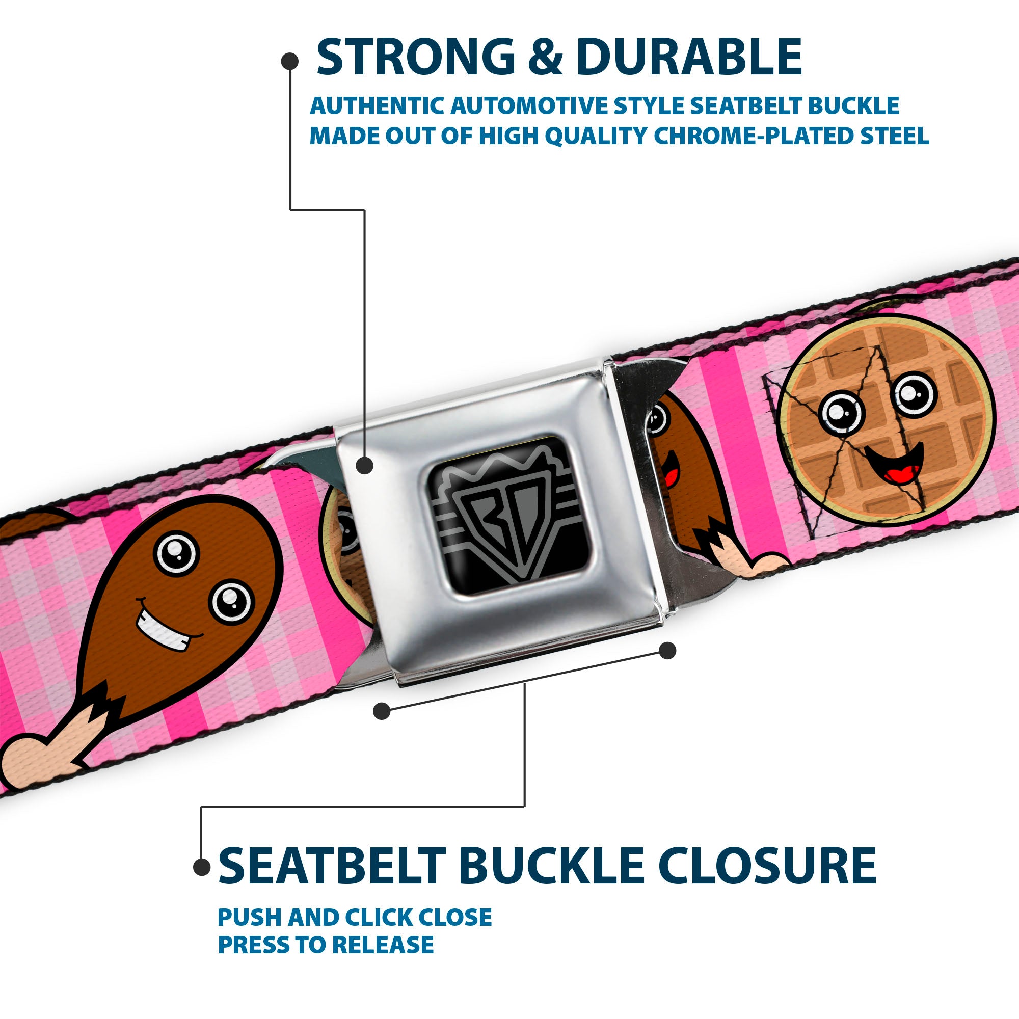 BD Wings Logo CLOSE-UP Full Color Black Silver Seatbelt Belt - Fried Chicken & Waffles Plaid Pinks Webbing Seatbelt Belts Buckle-Down