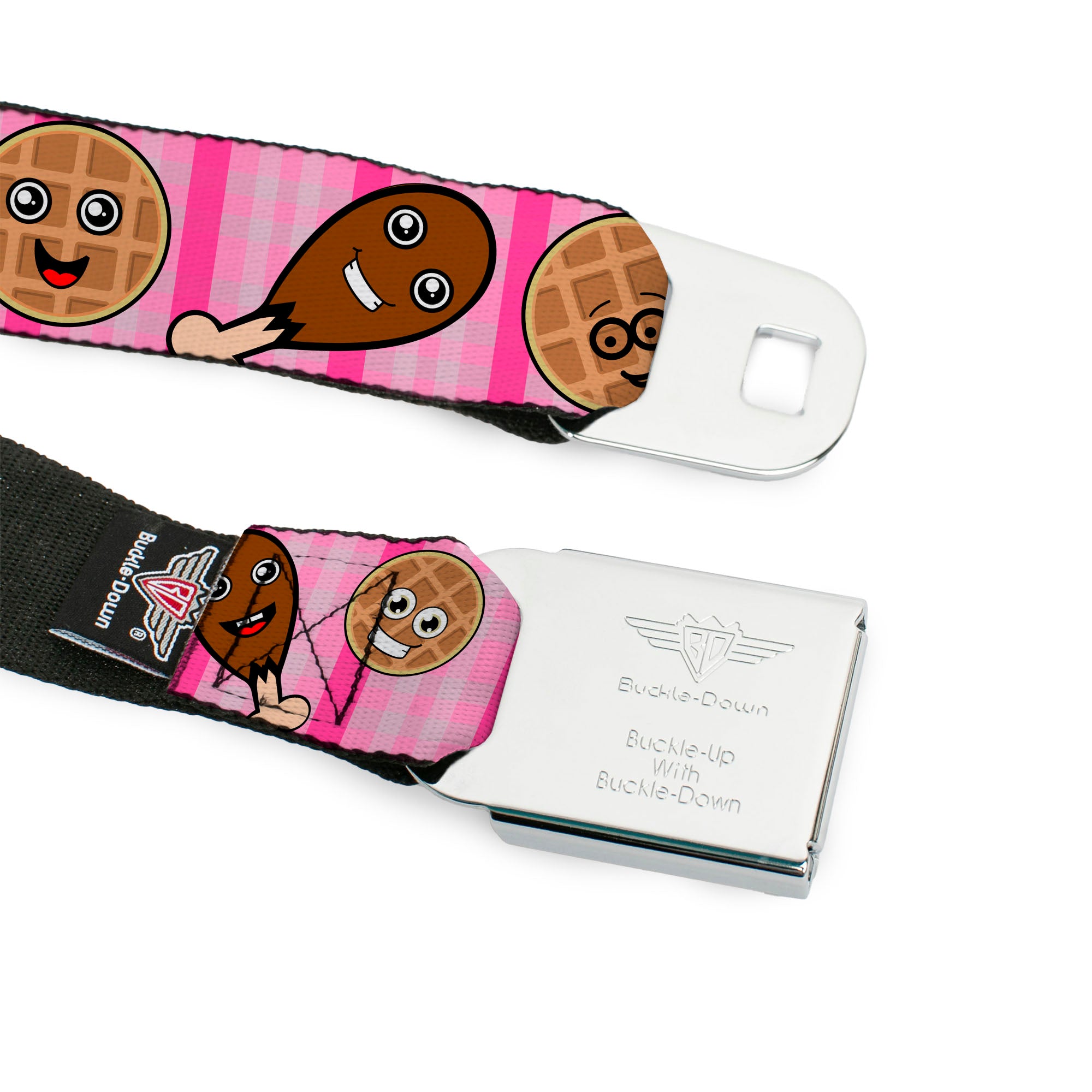 BD Wings Logo CLOSE-UP Full Color Black Silver Seatbelt Belt - Fried Chicken & Waffles Plaid Pinks Webbing Seatbelt Belts Buckle-Down