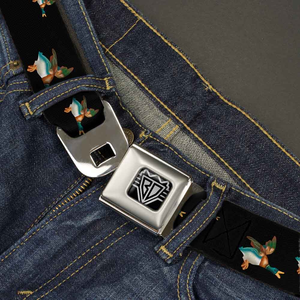 BD Wings Logo CLOSE-UP Full Color Black Silver Seatbelt Belt - Flying Mallards Black Webbing Seatbelt Belts Buckle-Down