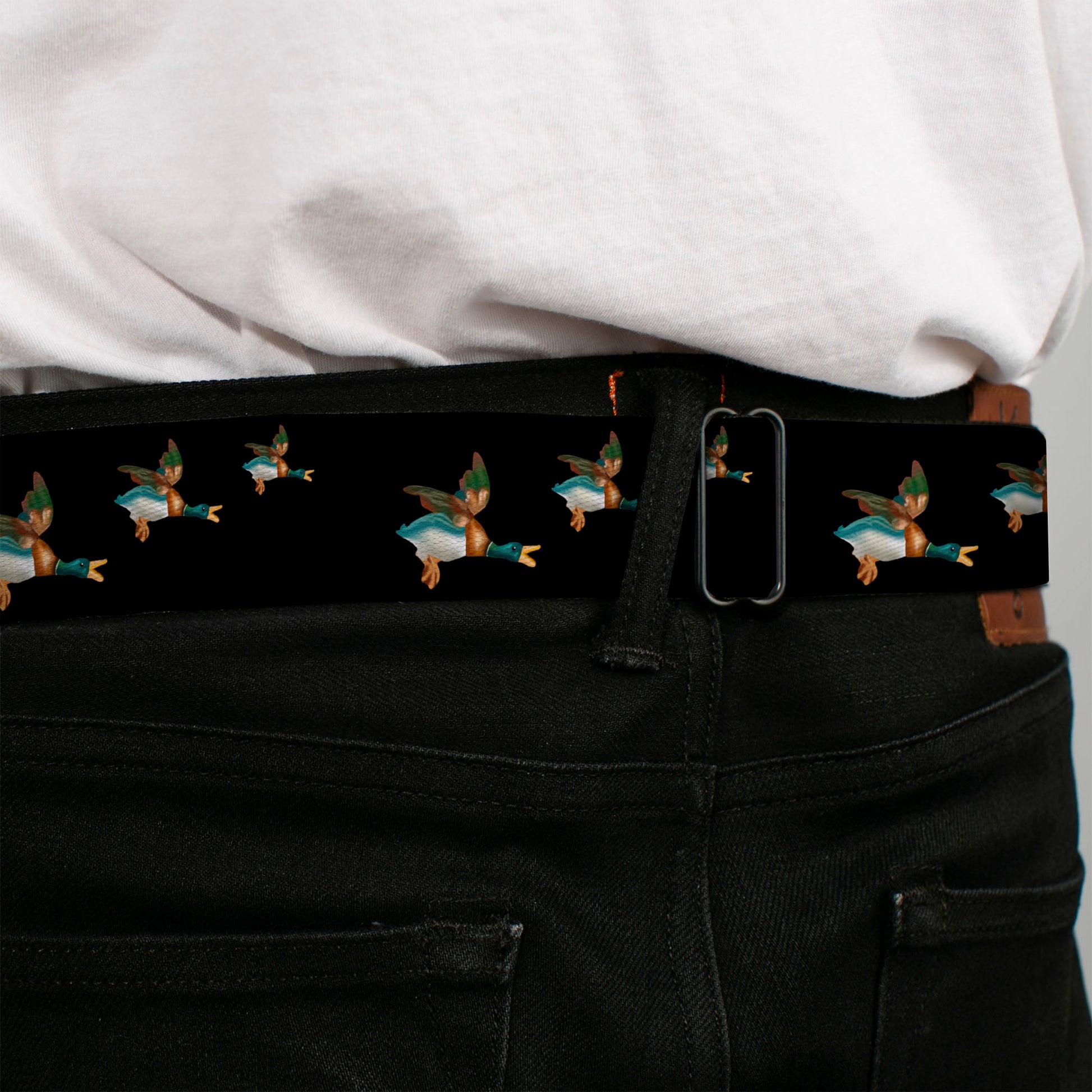 BD Wings Logo CLOSE-UP Full Color Black Silver Seatbelt Belt - Flying Mallards Black Webbing Seatbelt Belts Buckle-Down